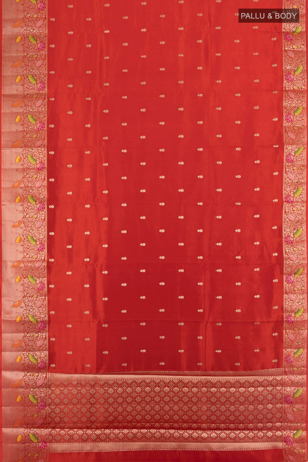 Flat view of Pure Silk Brick Orange Banarasi Katan Saree with Zari Butta on the body and Zari Border. 