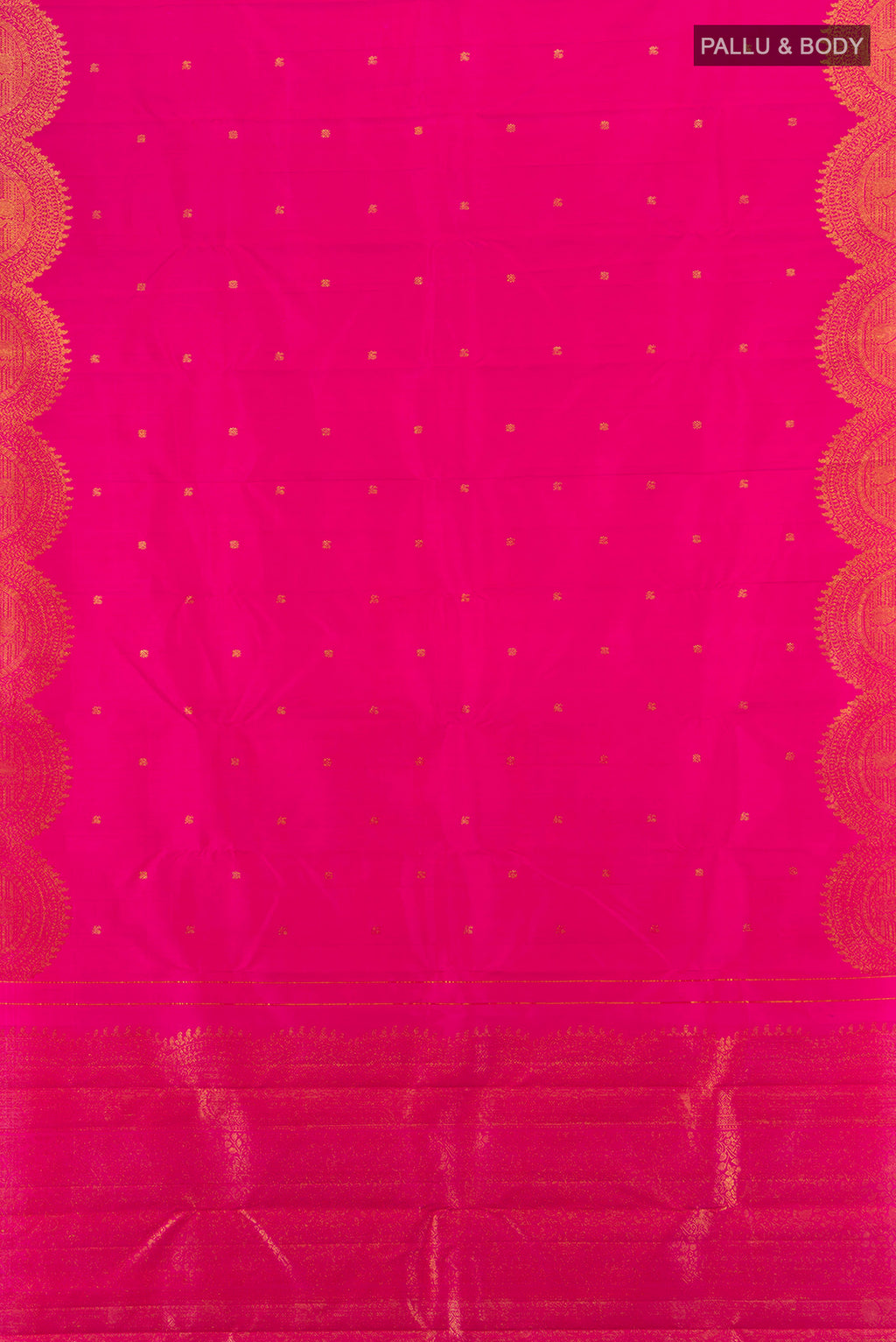 Flat view of Rani Pink Kanjivaram Silk Saree with Zari Butta on the body and Fancy Border. 