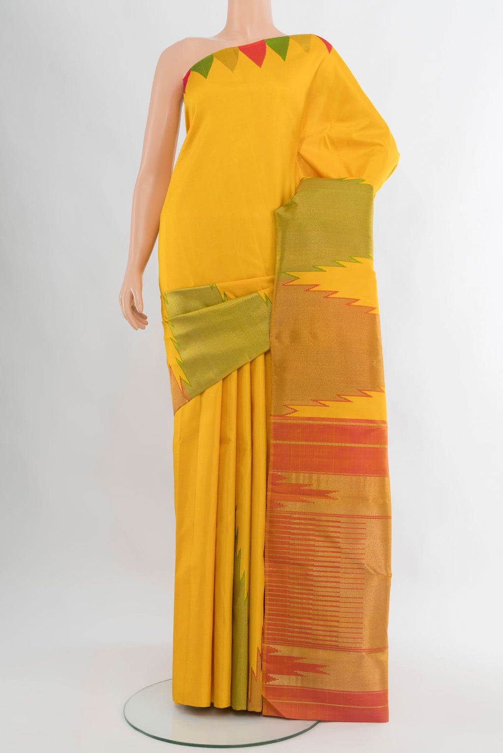 Pure Silk Pure Zari Yellow Kanjivaram Saree with Plain Body and Temple Border.  displayed on a mannequin