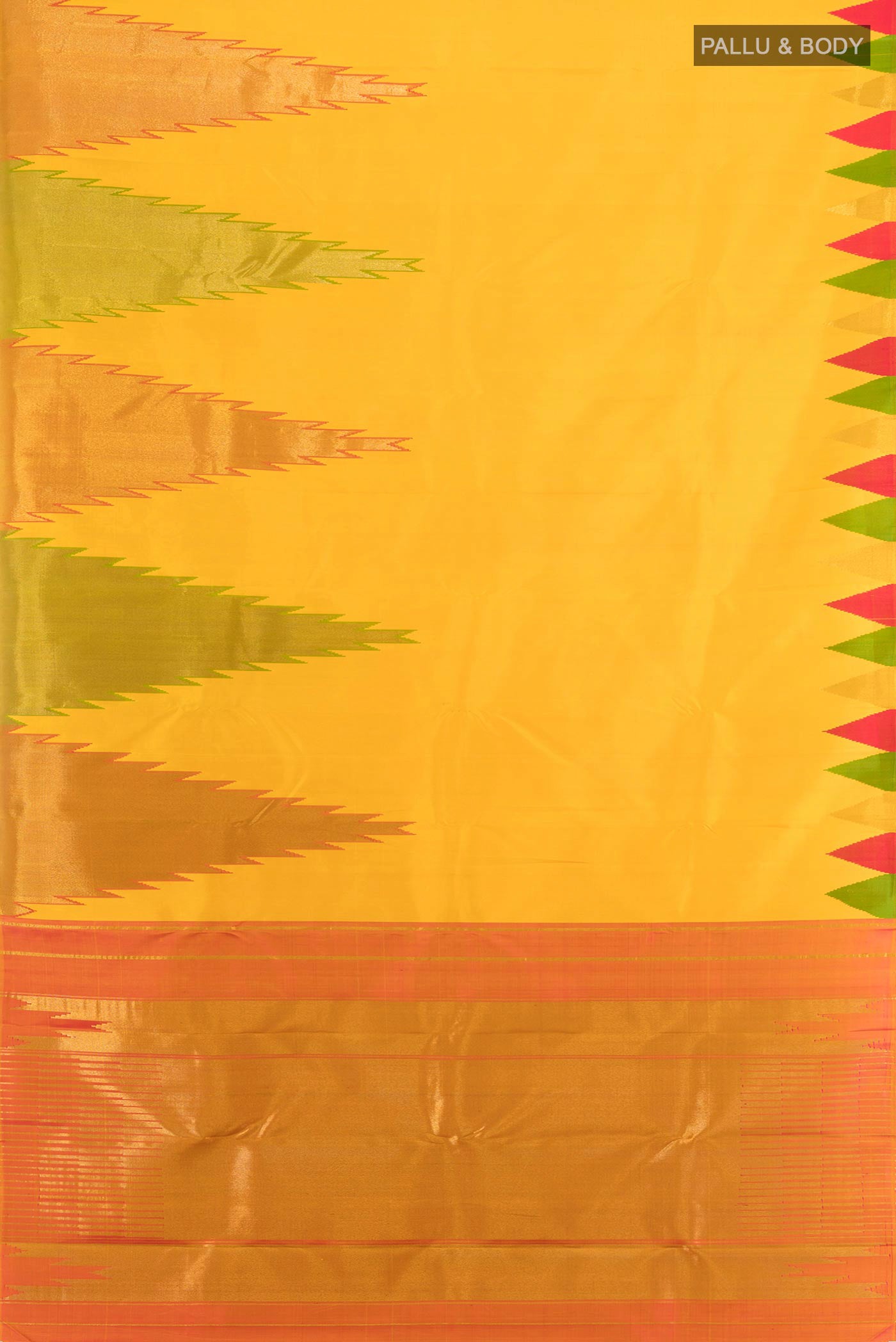 Flat view of Pure Silk Pure Zari Yellow Kanjivaram Saree with Plain Body and Temple Border. 