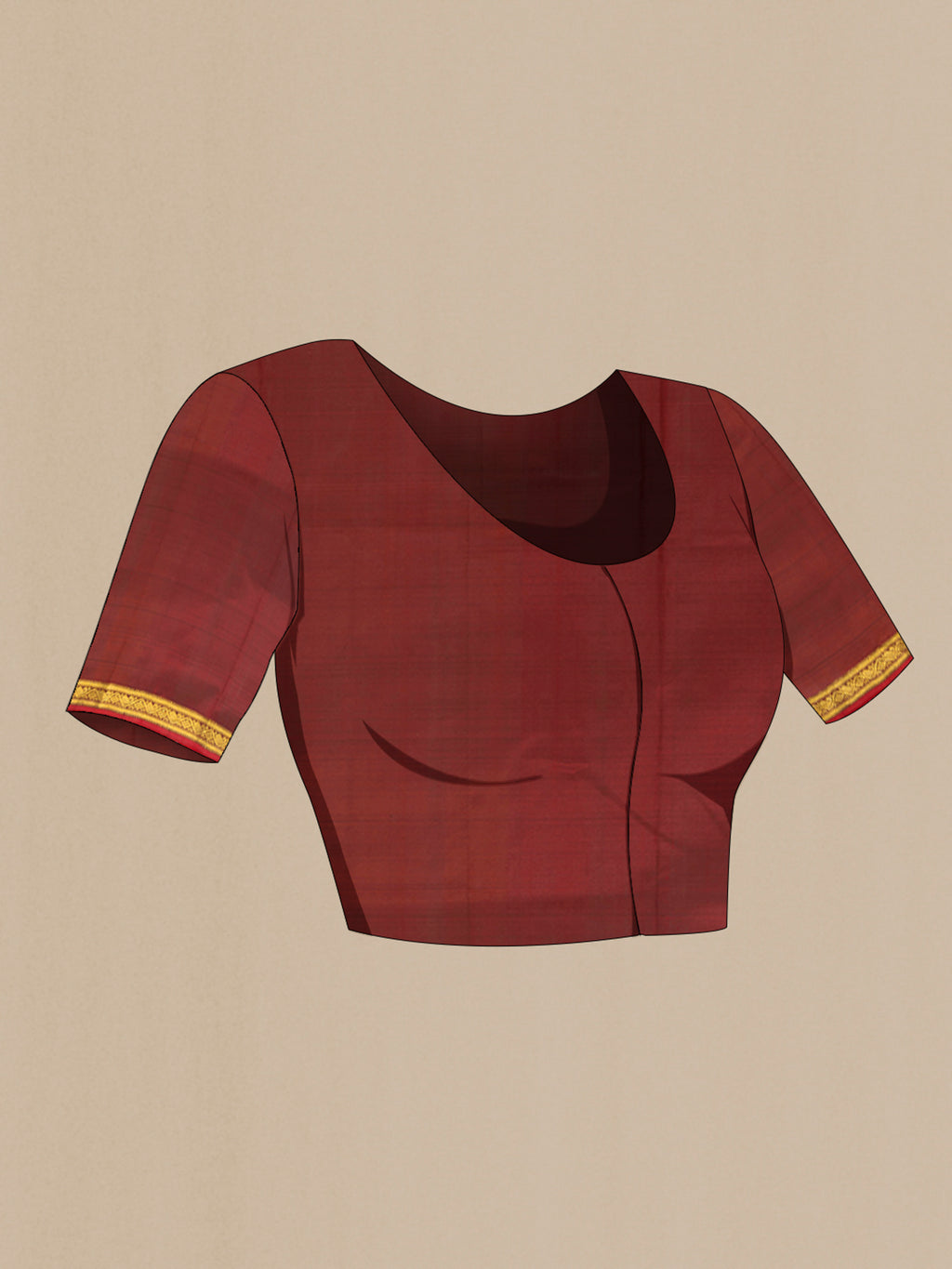 Close up image of the blouse of Maroon Kanchipuram Silk Saree with Zari Butta on the body and Zari Border. 
