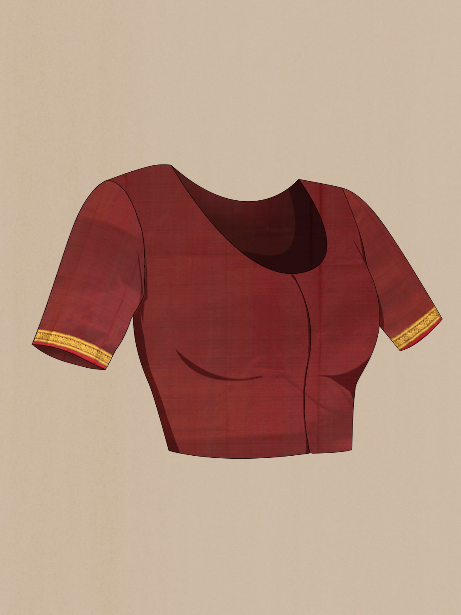 Close up image of the blouse of Maroon Kanchipuram Silk Saree with Zari Butta on the body and Zari Border. 
