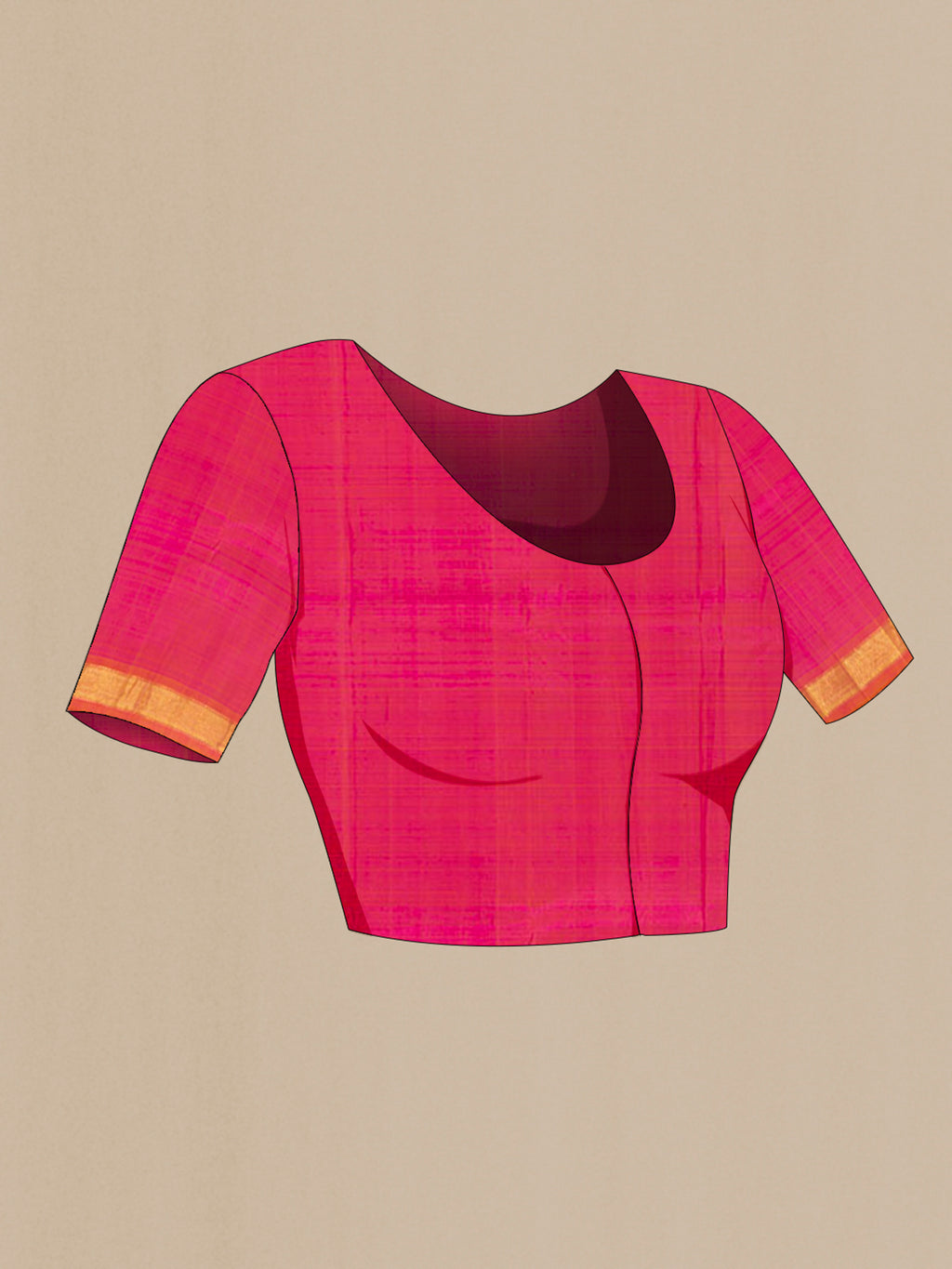 Close up image of the blouse of Pure Silk Pure Zari Peach Kanchipuram Saree with Zari Butta on the body and Silk Border. 