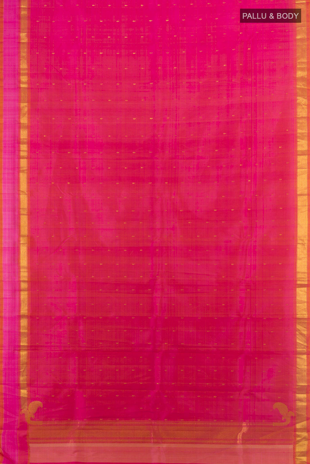 Flat view of Pure Silk Pure Zari Peach Kanchipuram Saree with Zari Butta on the body and Silk Border. 