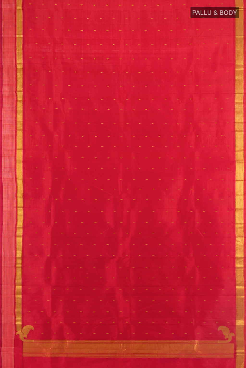 Flat view of Pure Silk Deep Red Kanchipuram Saree with Zari Butta on the body and Zari Border. 