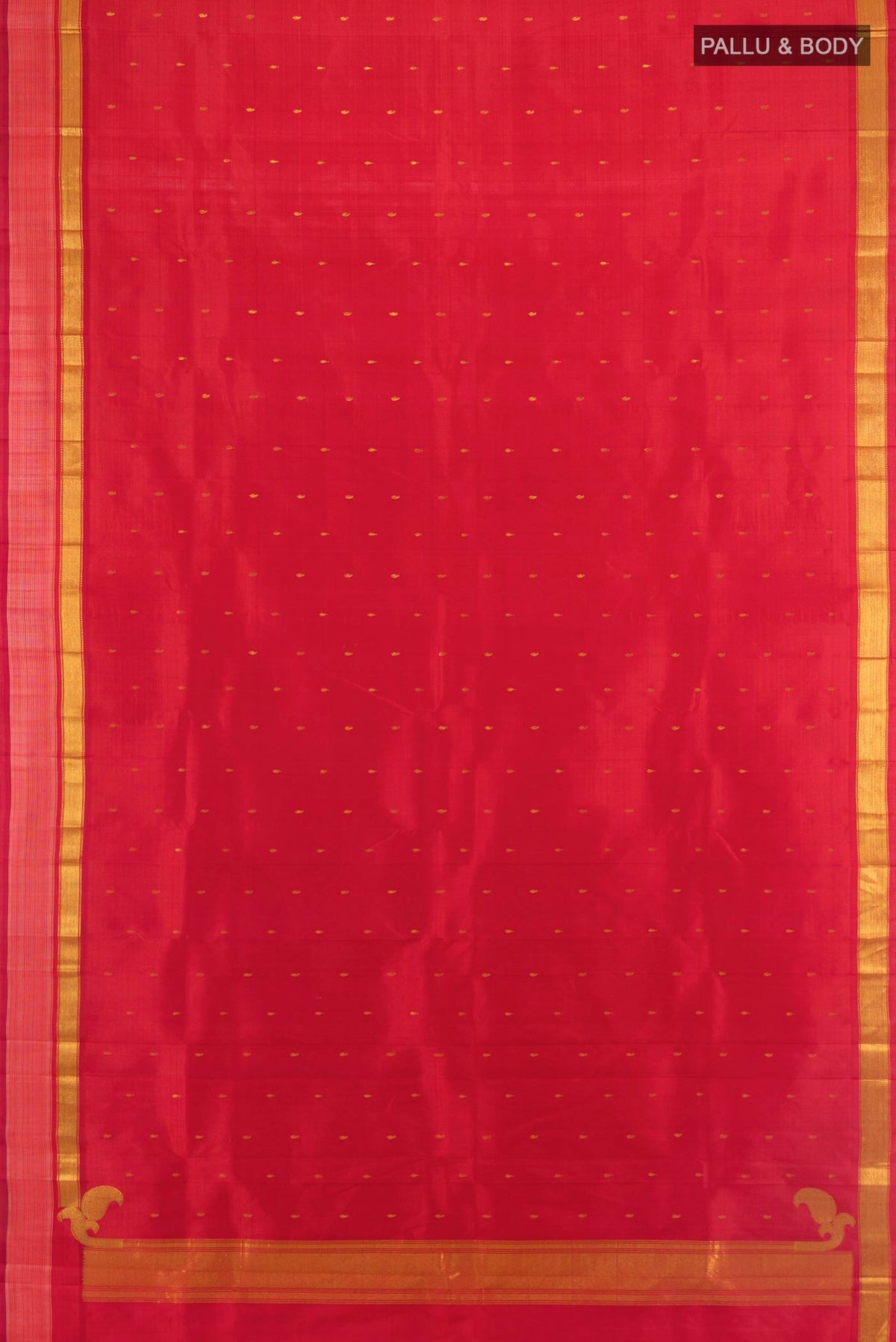 Flat view of Pure Silk Deep Red Kanchipuram Saree with Zari Butta on the body and Zari Border. 