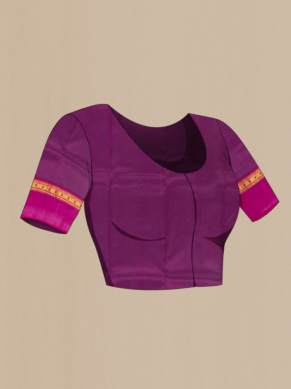 Close up image of the blouse of Pure Silk Purple Kanchipuram Saree with Plain Body and Zari Border. 