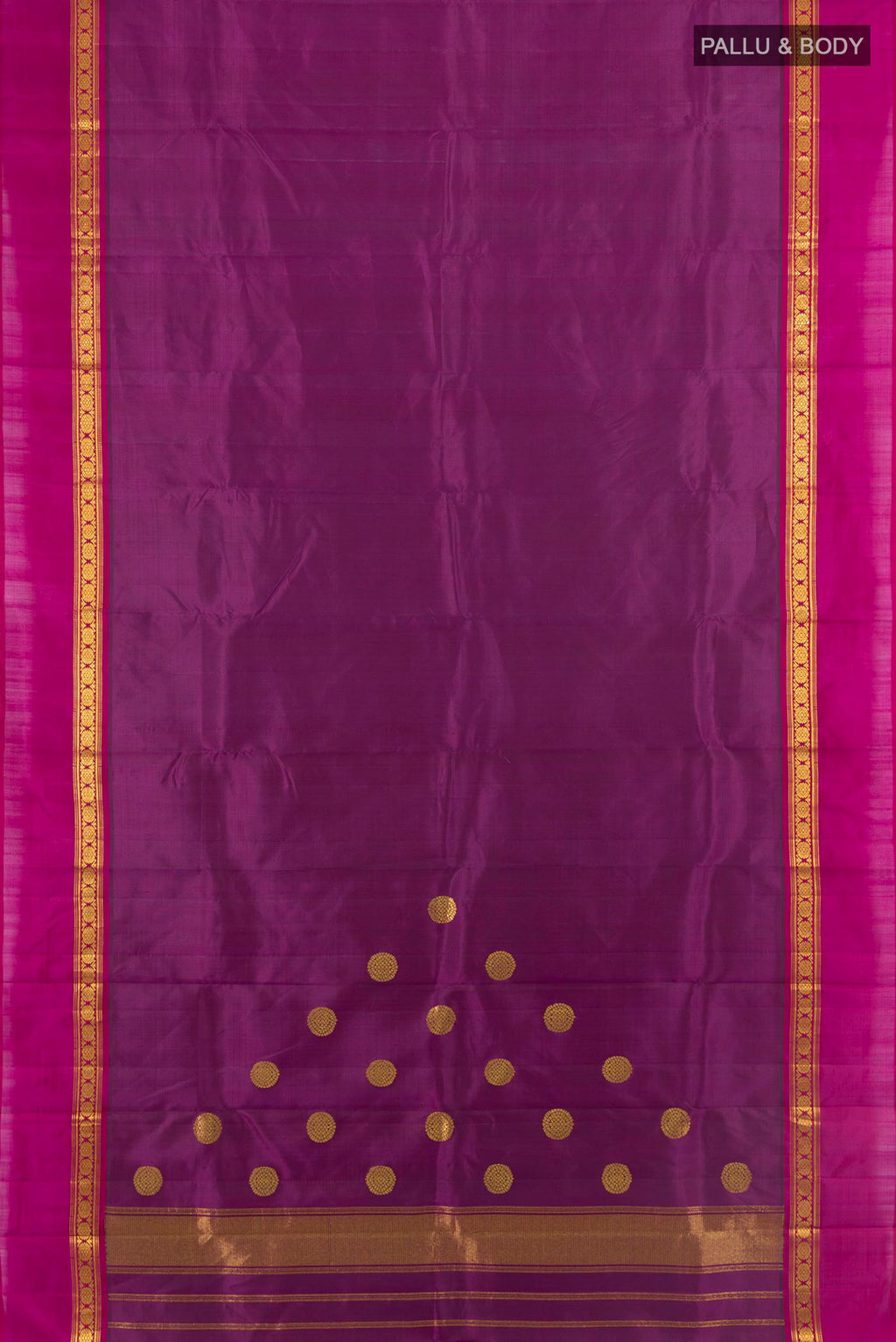 Flat view of Pure Silk Purple Kanchipuram Saree with Plain Body and Zari Border. 