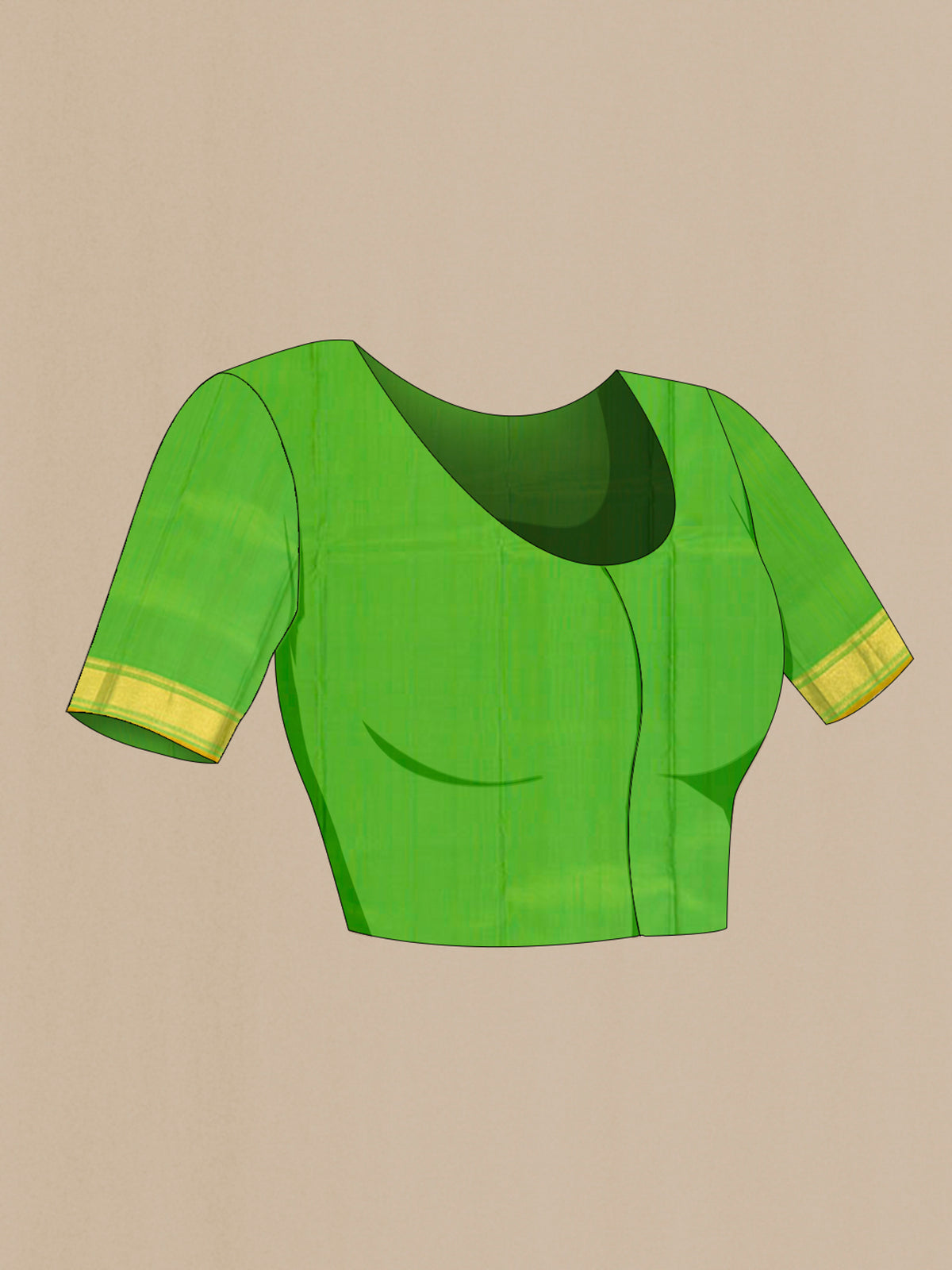 Close up image of the blouse of Pure Silk Parrot Green Kanjivaram Saree with Zari Butta on the body and Zari Border. 
