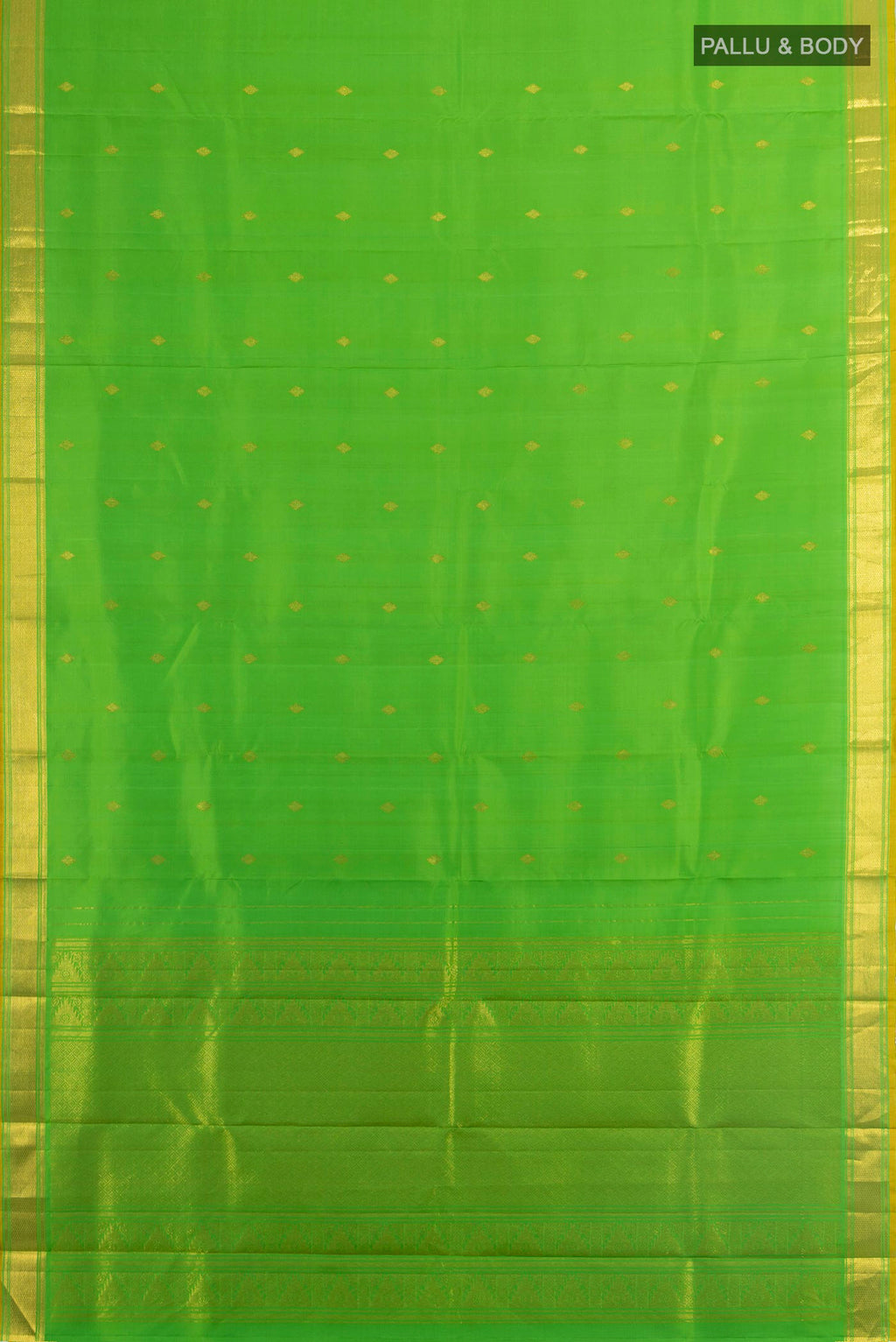 Flat view of Pure Silk Parrot Green Kanjivaram Saree with Zari Butta on the body and Zari Border. 