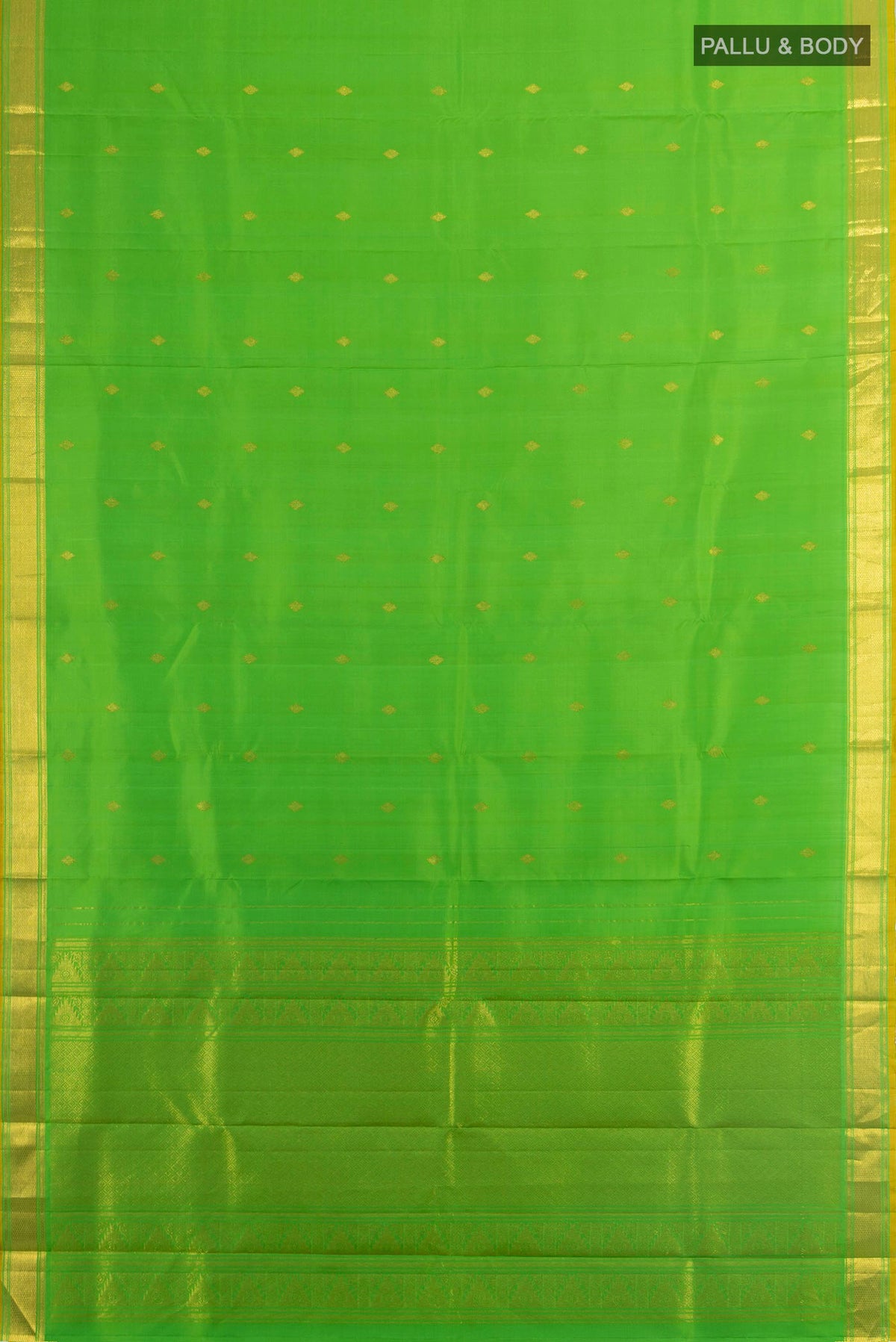 Flat view of Pure Silk Parrot Green Kanjivaram Saree with Zari Butta on the body and Zari Border. 