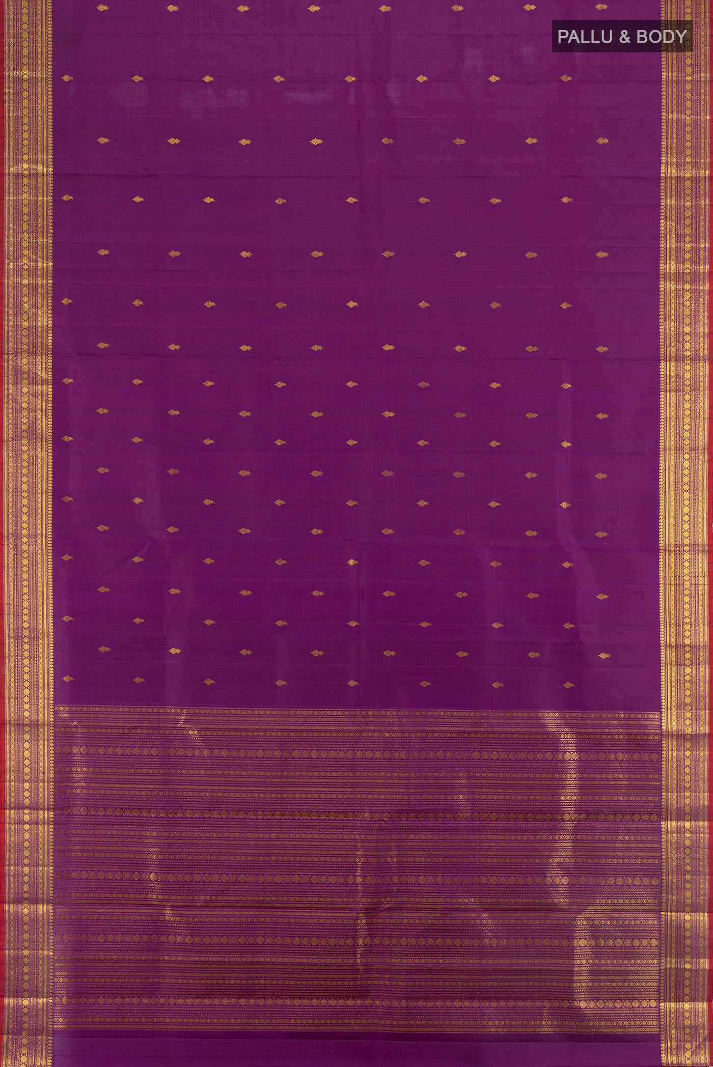 Flat view of Purple Kanjivaram Silk Saree with Zari Butta on the body and Zari Border. 