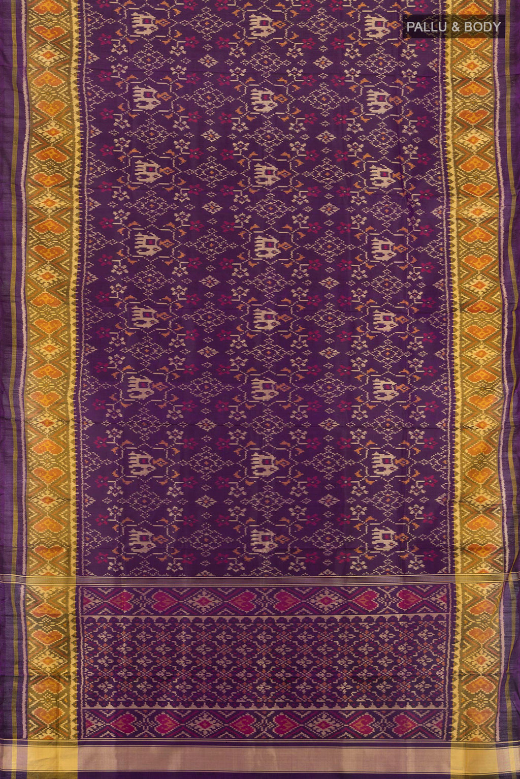 Flat view of Violet Rajkot Patola Silk Saree with Pure Ikat on the body and Ikat Border. 