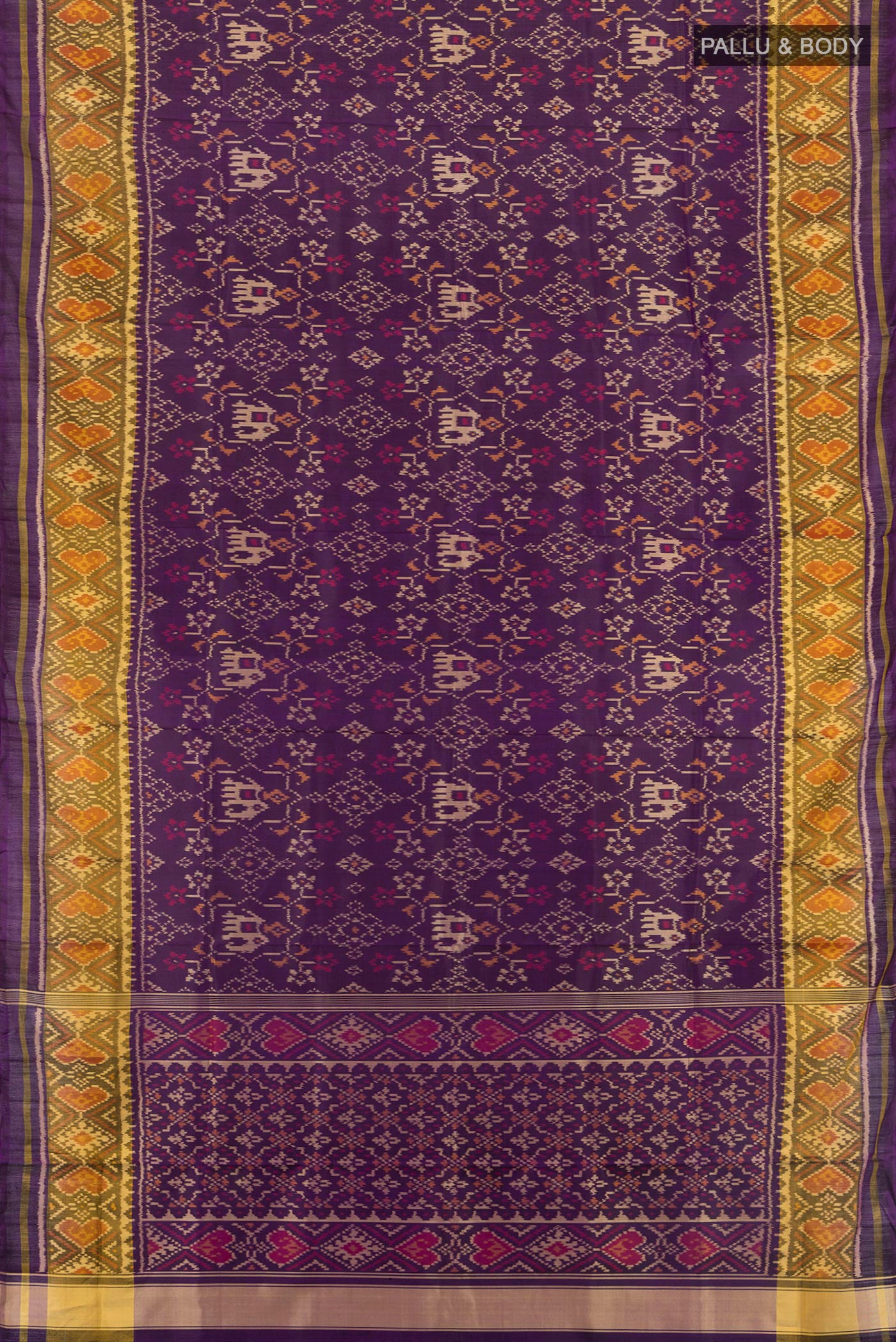 Flat view of Violet Rajkot Patola Silk Saree with Pure Ikat on the body and Ikat Border. 