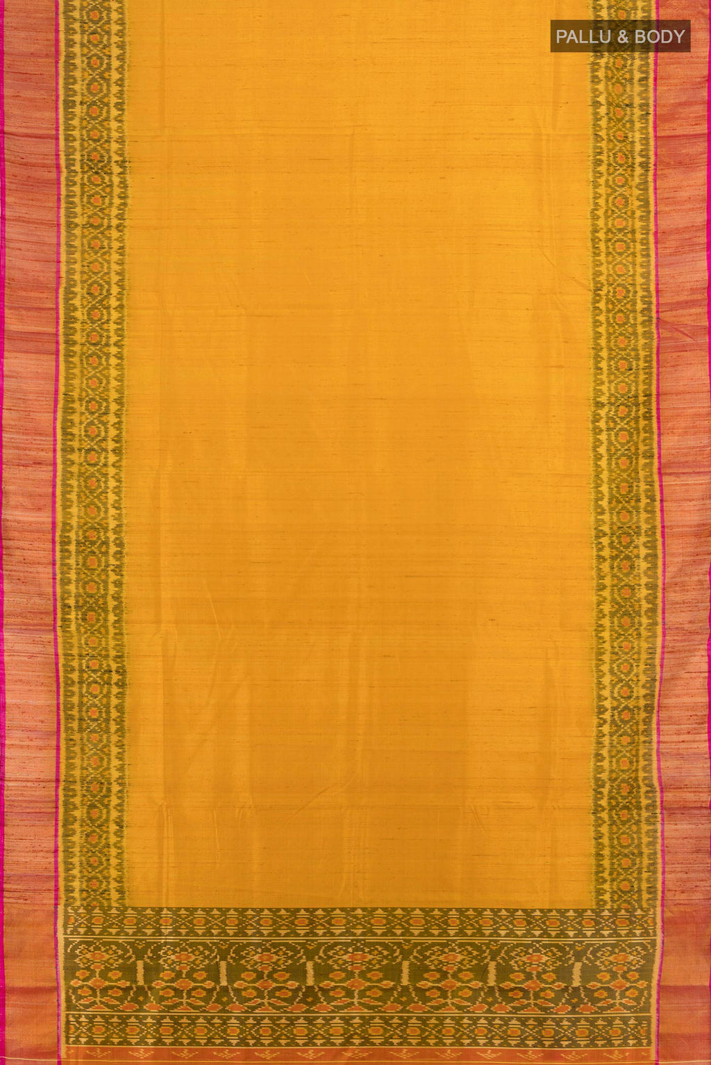 Flat view of Pure Silk Multi Color Rajkot Patola Saree with Ikat Print on the body and Silk Border. 