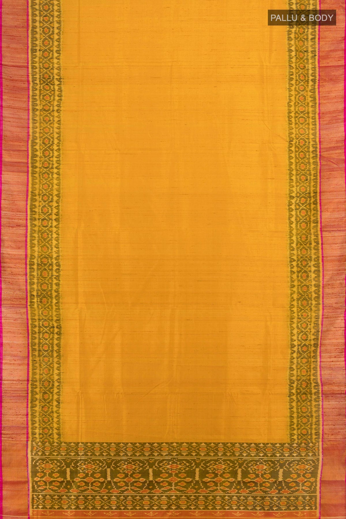 Flat view of Pure Silk Multi Color Rajkot Patola Saree with Ikat Print on the body and Silk Border. 
