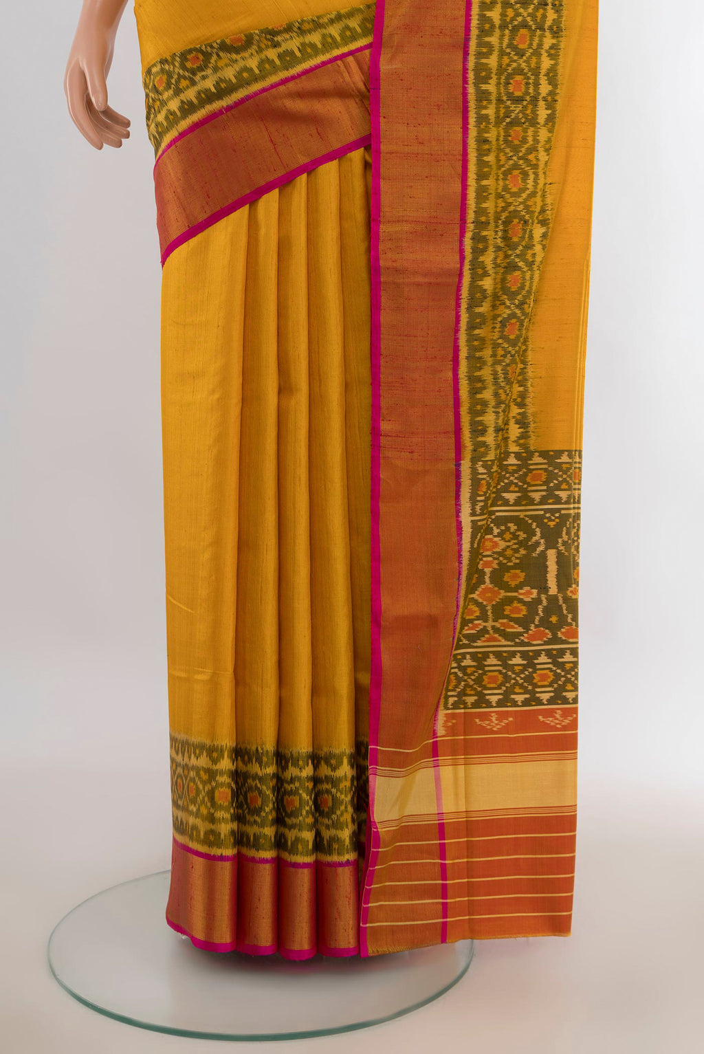 Pleats and pallu of Pure Silk Multi Color Rajkot Patola Saree with Ikat Print on the body and Silk Border. 