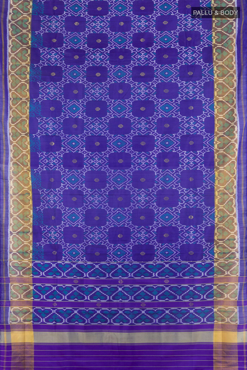 Flat view of Pure Silk Royal Blue Rajkot Patola Saree with Pure Ikat on the body and Ikat Border. 