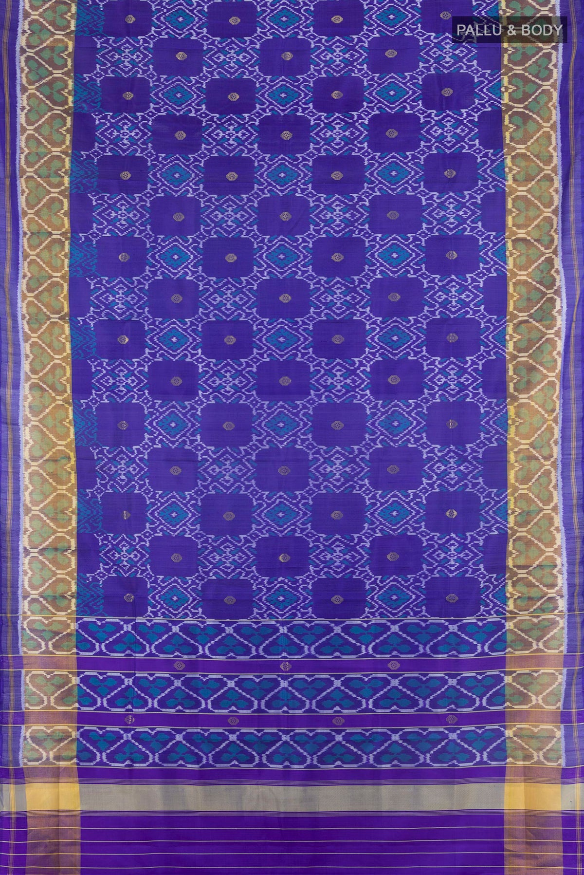 Flat view of Pure Silk Royal Blue Rajkot Patola Saree with Pure Ikat on the body and Ikat Border. 