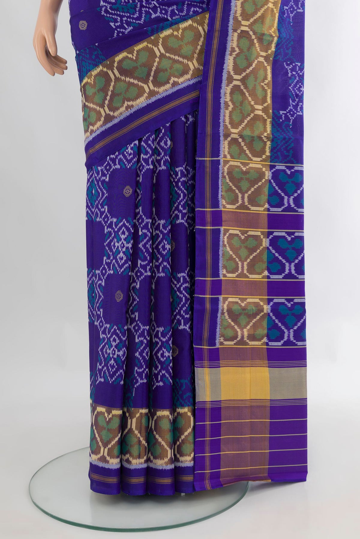 Pleats and pallu of Pure Silk Royal Blue Rajkot Patola Saree with Pure Ikat on the body and Ikat Border. 