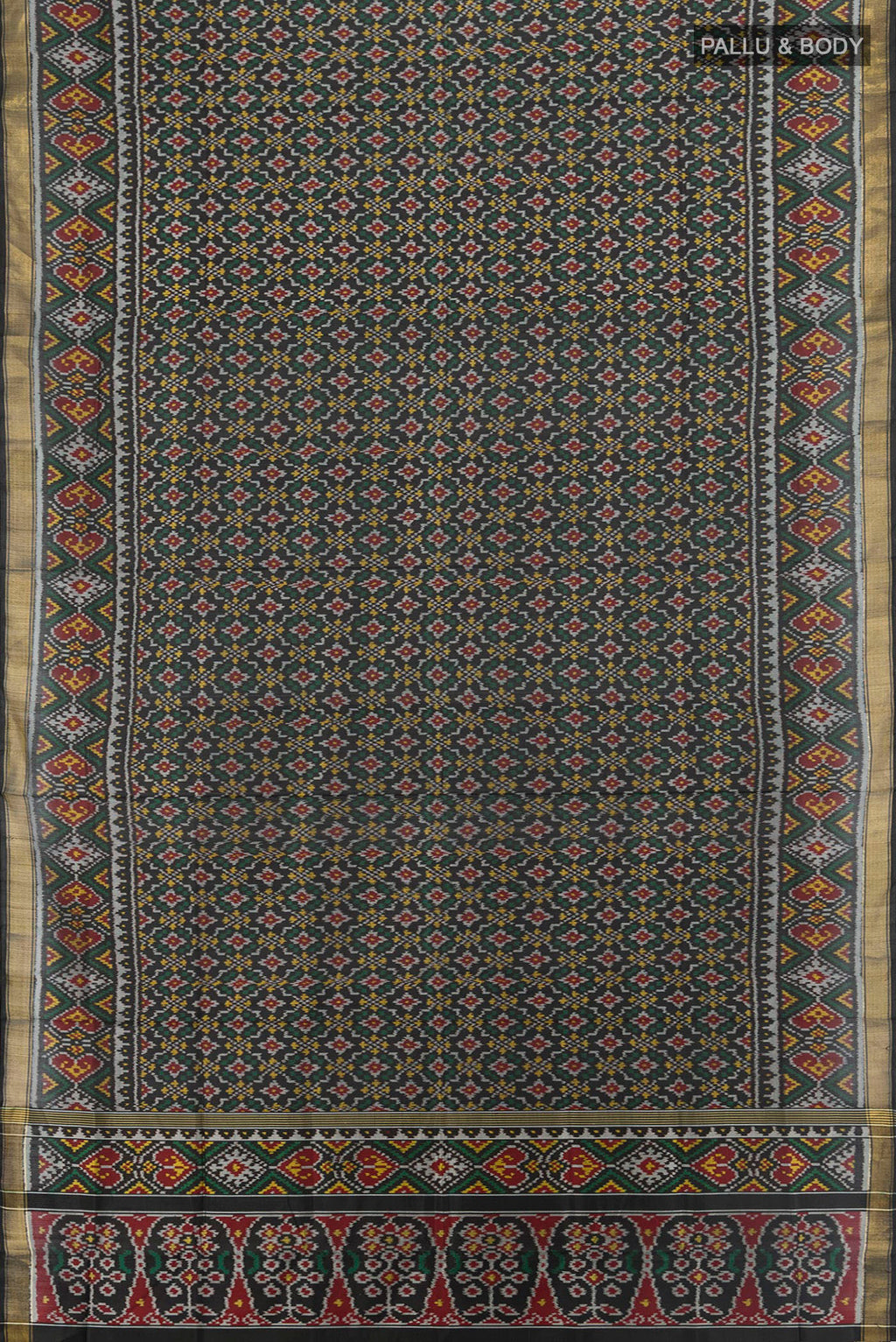 Flat view of Pure Silk Multi Color Rajkot Patola Saree with Pure Ikat on the body and Zari Border. 