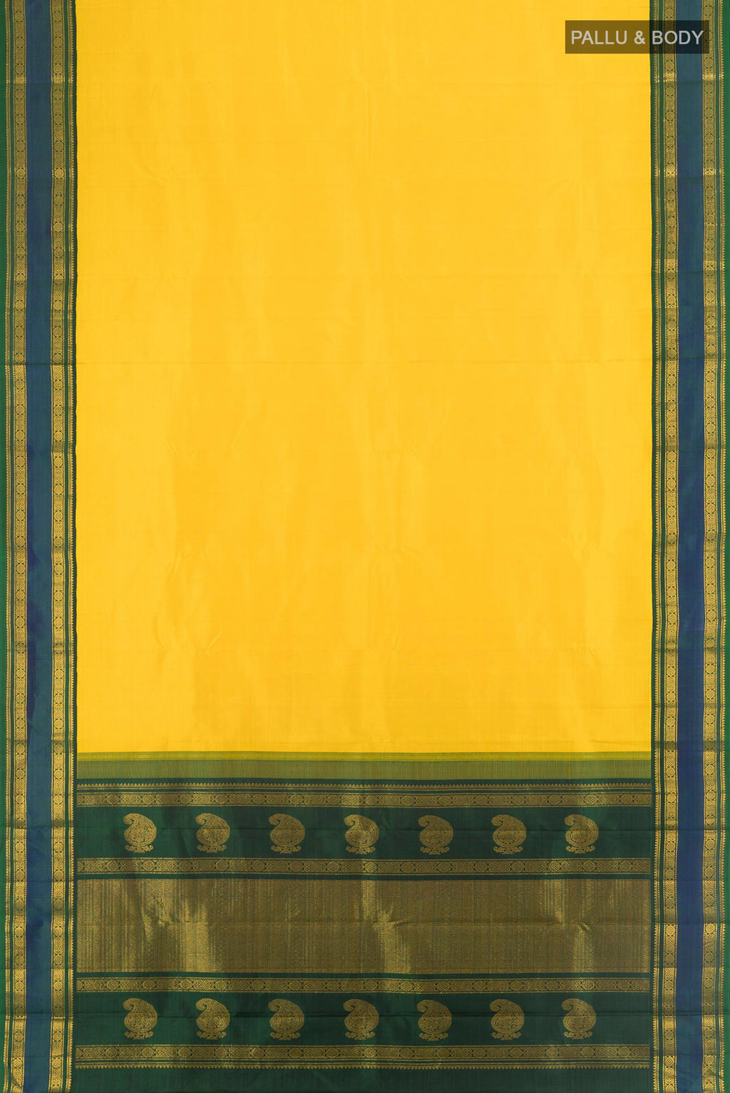 Flat view of Yellow Kanjivaram Silk Saree with Plain Body and Zari Border. 