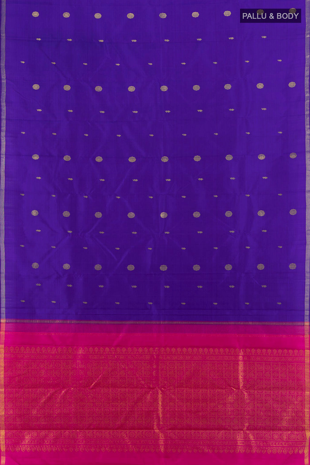 Flat view of Pure Silk Royal Blue Kanchipuram Saree with Zari Butta on the body and Thin Zari Line. 