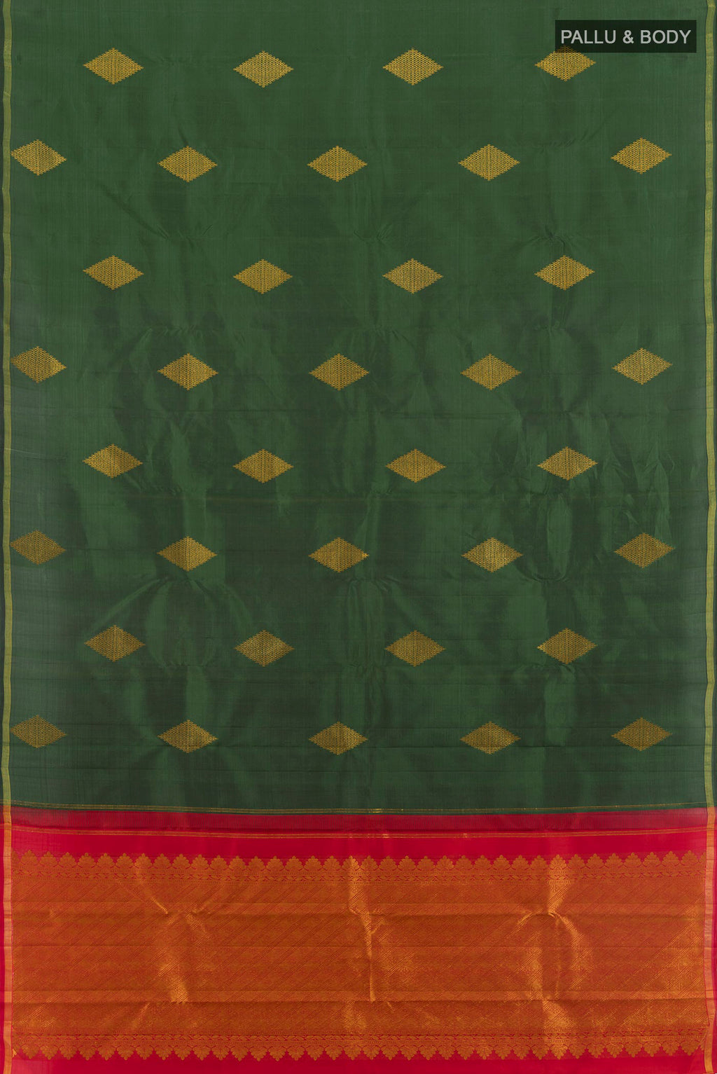 Flat view of Bottle Green Kanchipuram Silk Saree with Zari Butta on the body and Zari Border. 