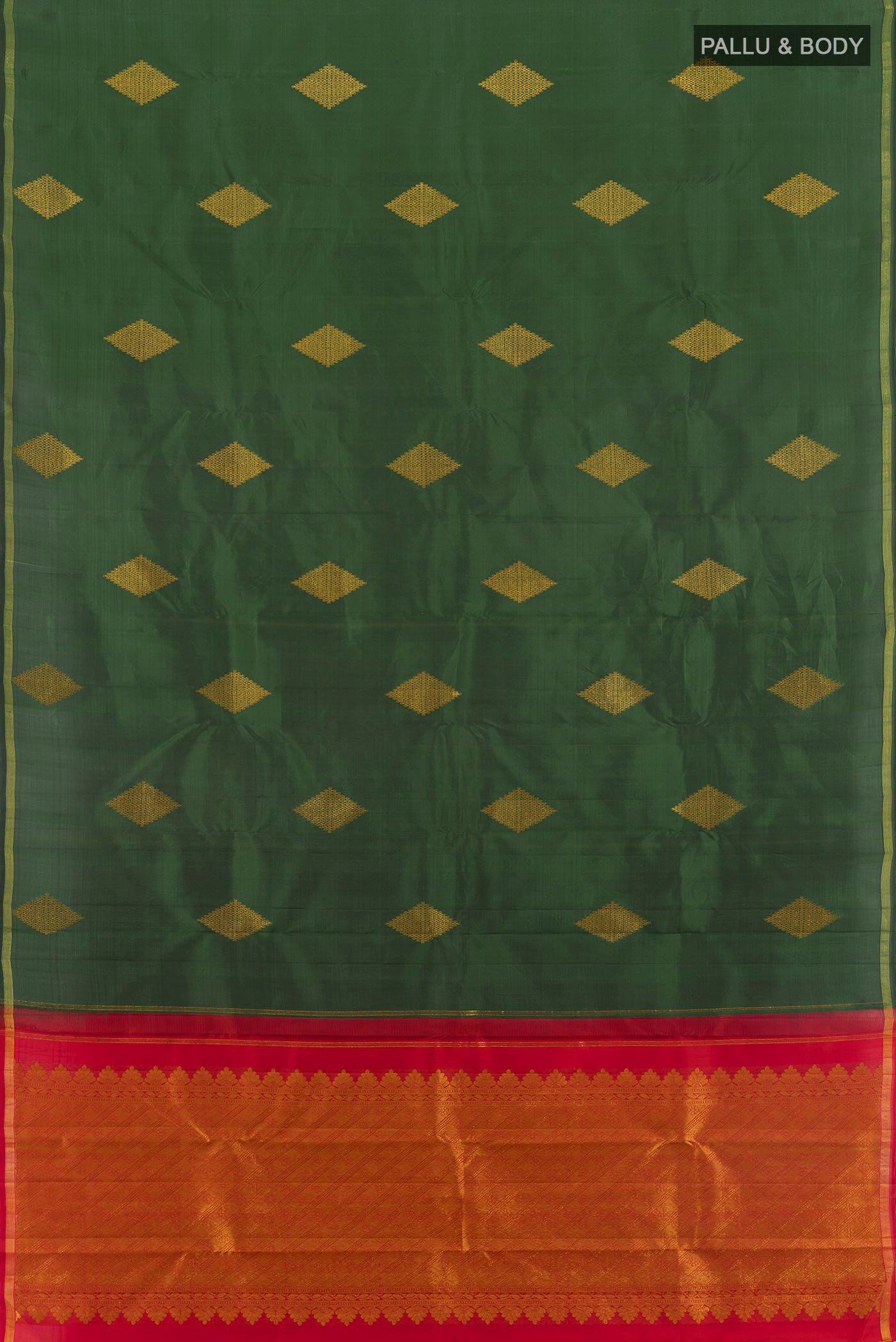 Flat view of Bottle Green Kanchipuram Silk Saree with Zari Butta on the body and Zari Border. 