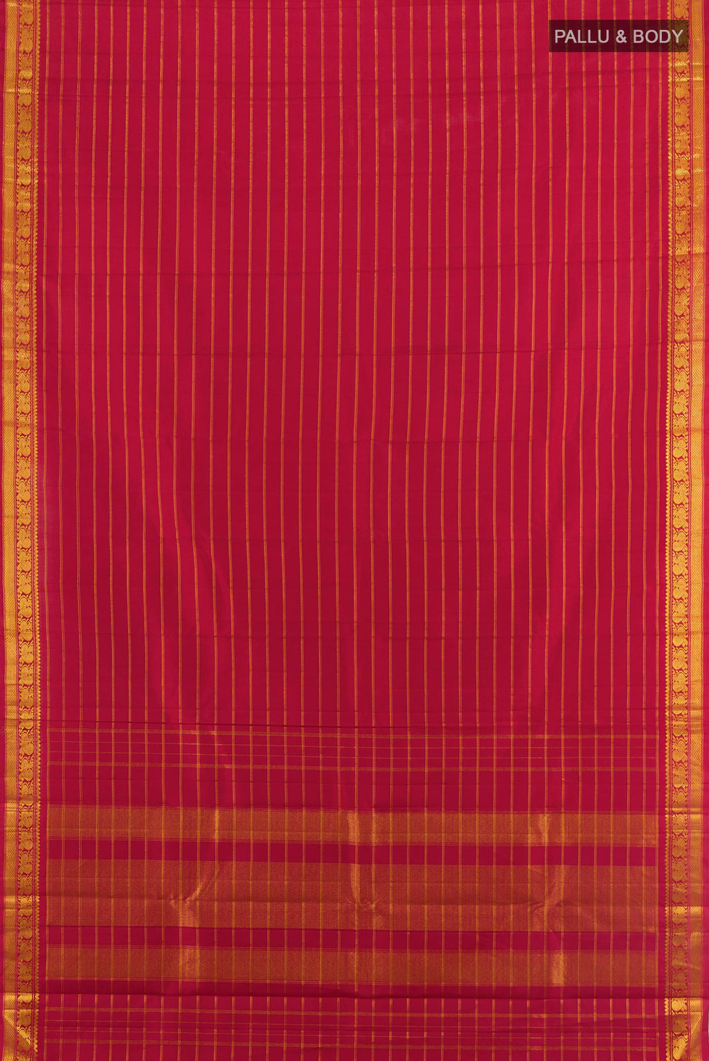 Flat view of Maroon Kanchipuram Silk Saree with Stripes on the body and Zari Border. 