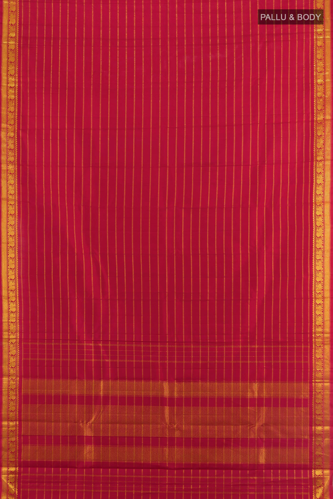 Flat view of Maroon Kanchipuram Silk Saree with Stripes on the body and Zari Border. 