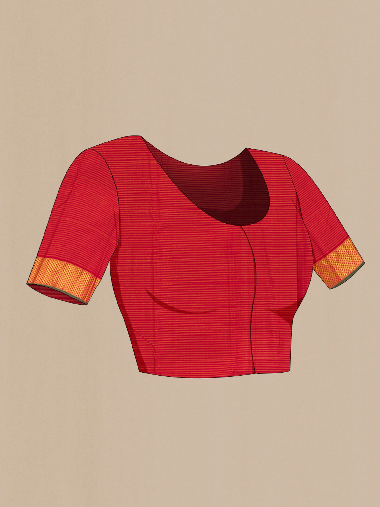 Close up image of the blouse of Pure Silk Red Kanchipuram Saree with Checked design on the body and Zari Border. 