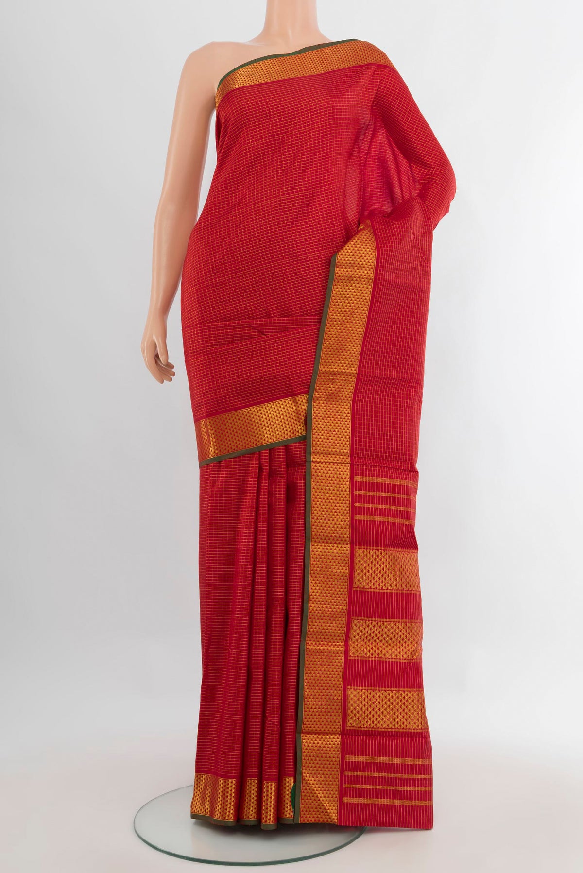 Pure Silk Red Kanchipuram Saree with Checked design on the body and Zari Border.  displayed on a mannequin