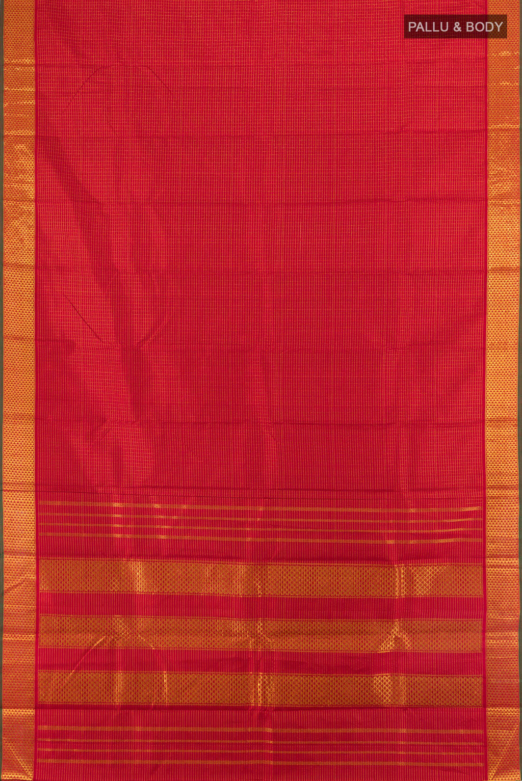 Flat view of Pure Silk Red Kanchipuram Saree with Checked design on the body and Zari Border. 