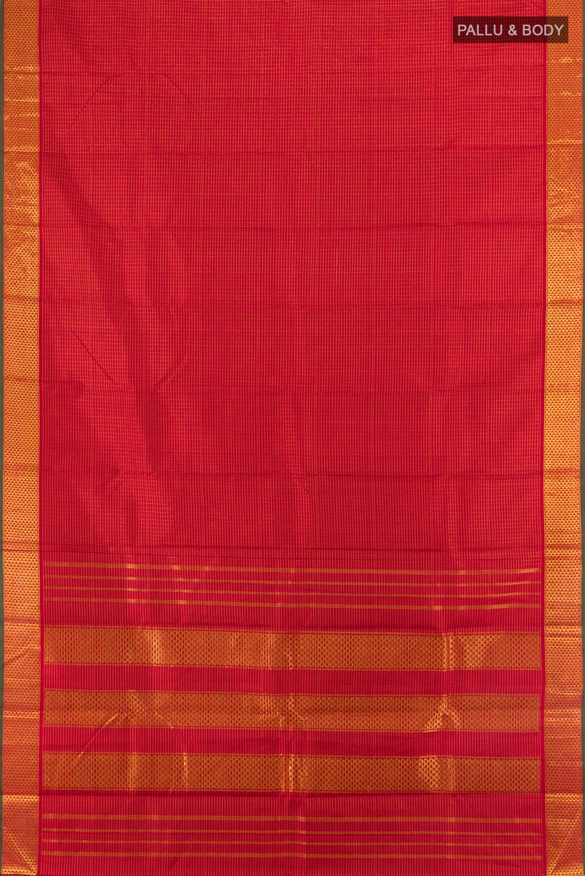 Flat view of Pure Silk Red Kanchipuram Saree with Checked design on the body and Zari Border. 