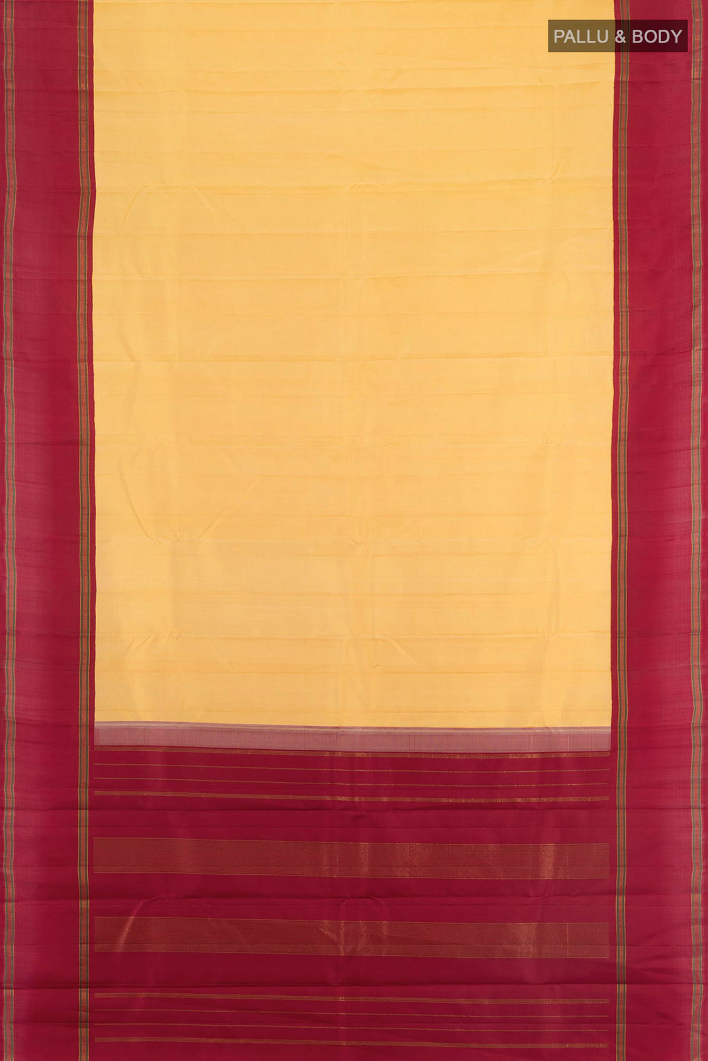 Flat view of Pure Silk Yellow Kanjivaram Saree with Plain Body and Plain Border. 