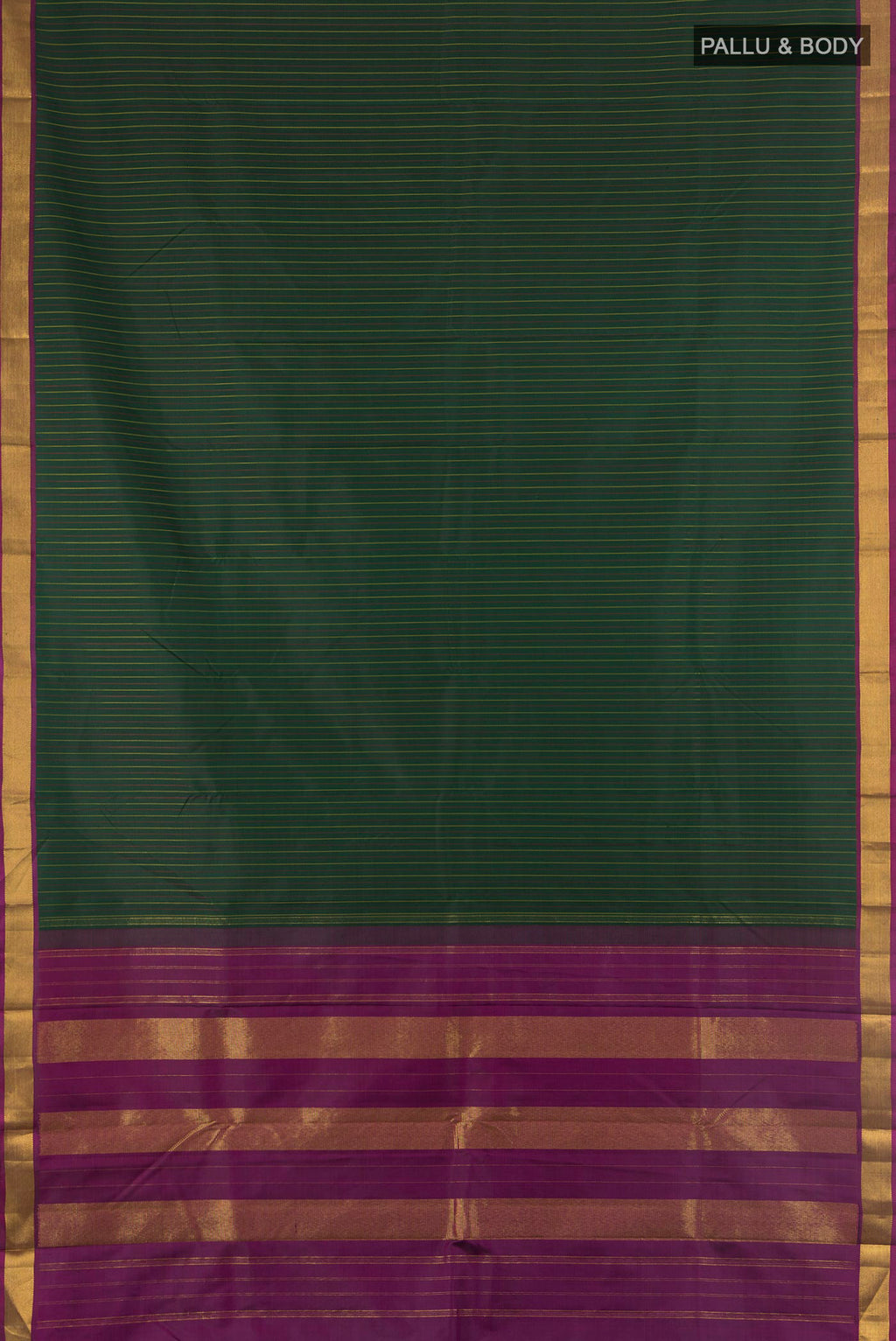 Flat view of Pure Silk Bottle Green Kanchipuram Saree with Stripes on the body and Zari Border. 