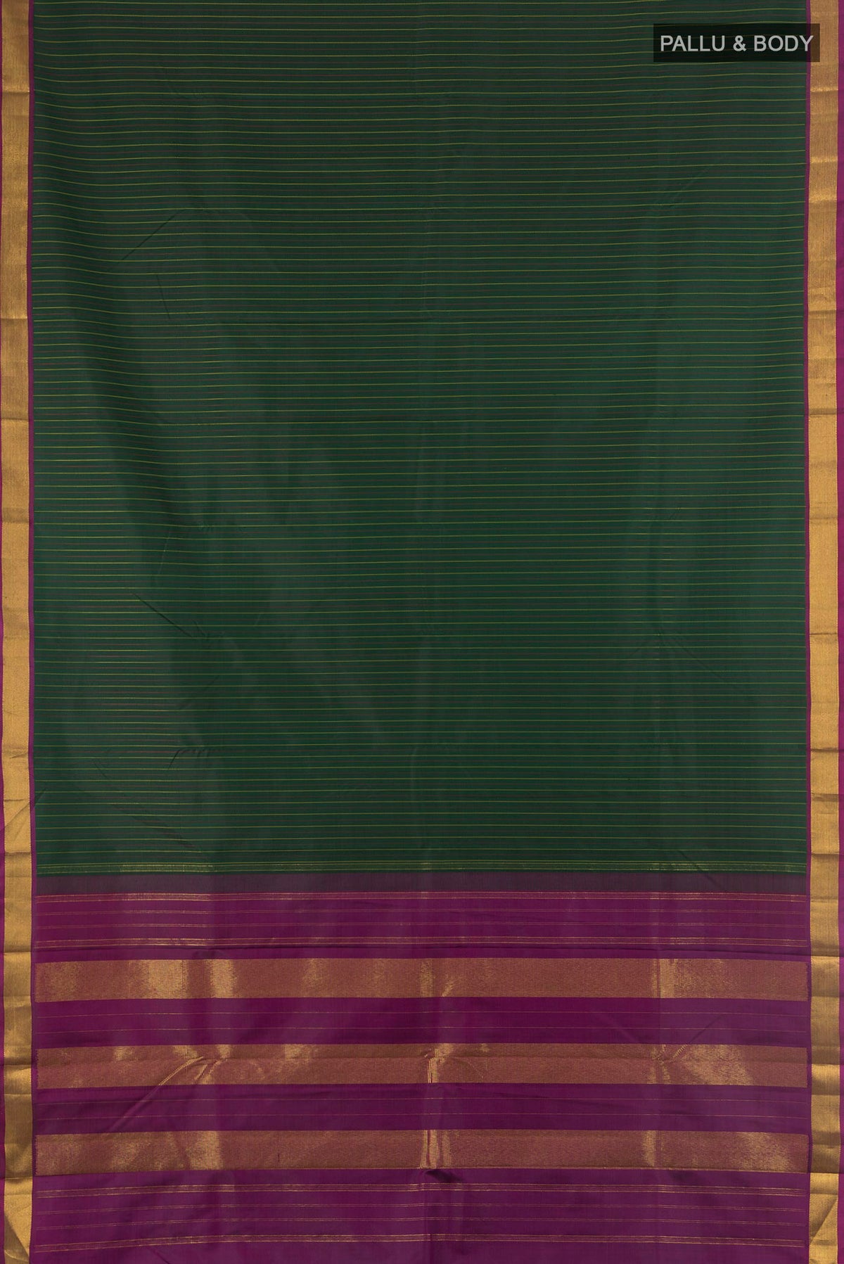 Flat view of Pure Silk Bottle Green Kanchipuram Saree with Stripes on the body and Zari Border. 