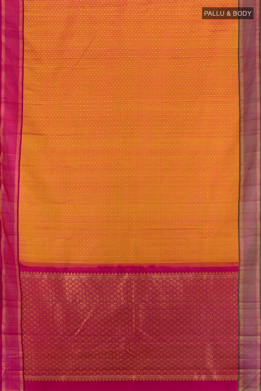 Flat view of Mustard Kanjivaram Silk Saree with Zari Butta on the body and Plain Border. 