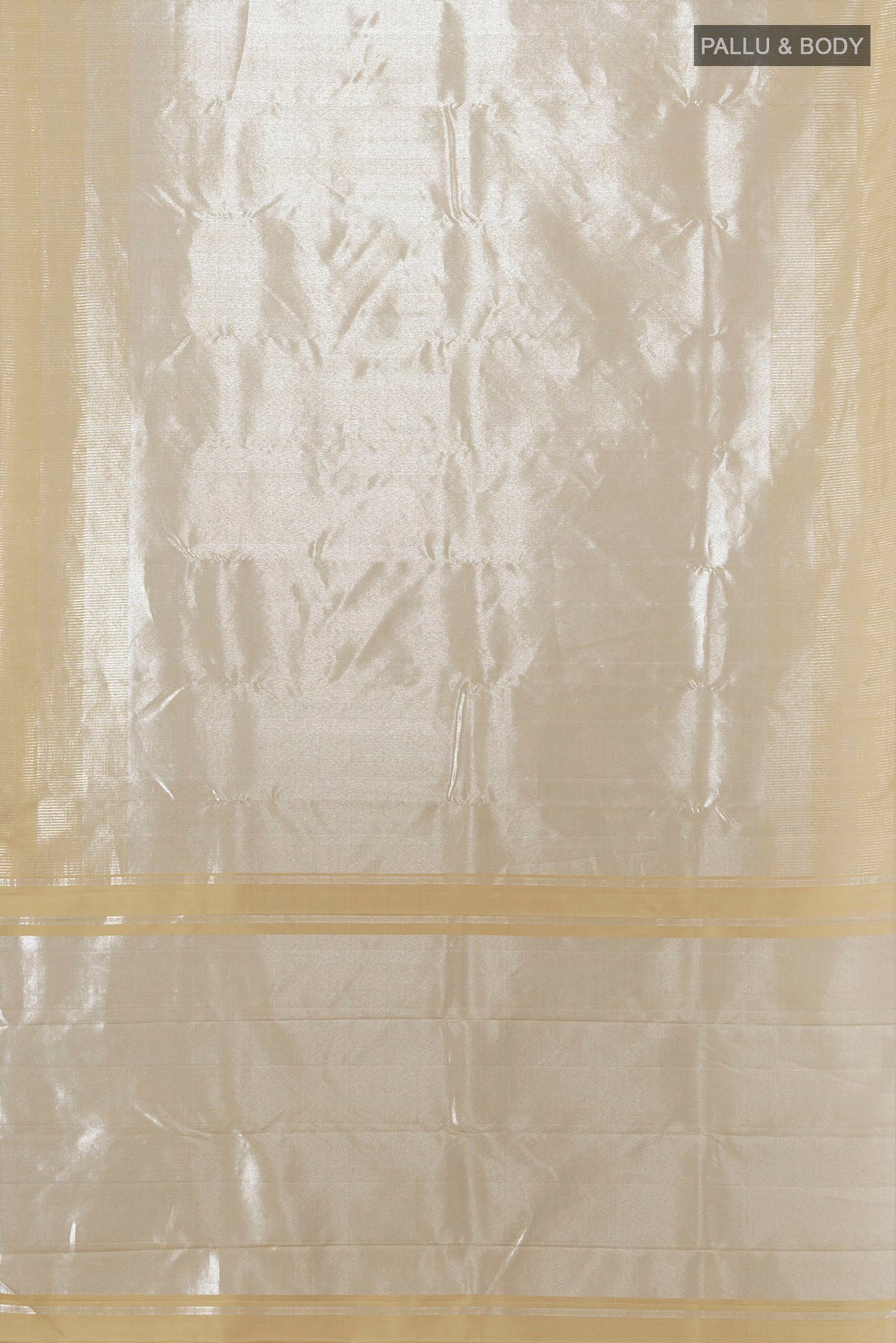 Flat view of Gold Kanchipuram Tissue Saree with Zari Brocade on the body and Zari Border. 