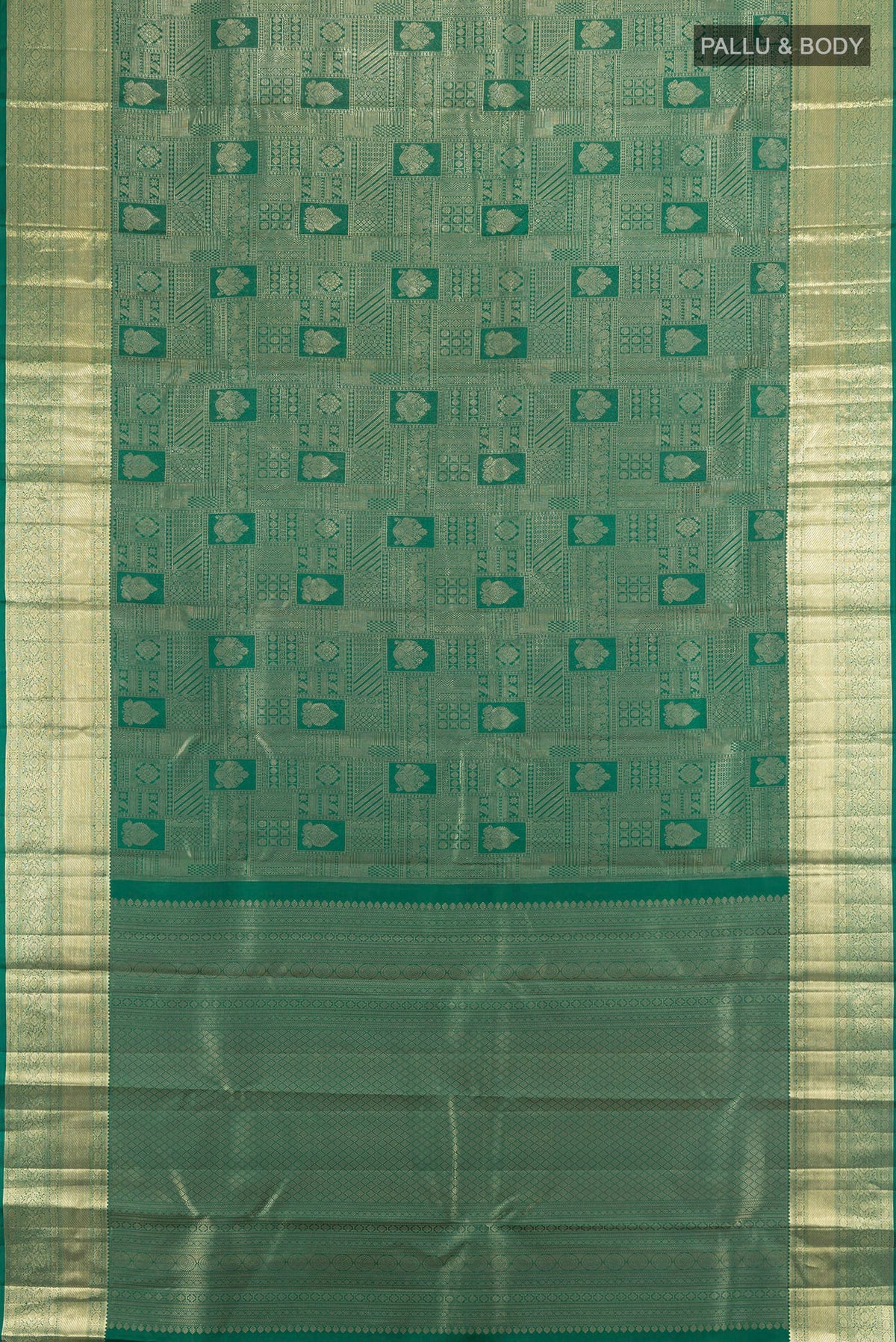 Flat view of Pure Silk Green Kanjivaram Saree with Zari Brocade on the body and Zari Border. 