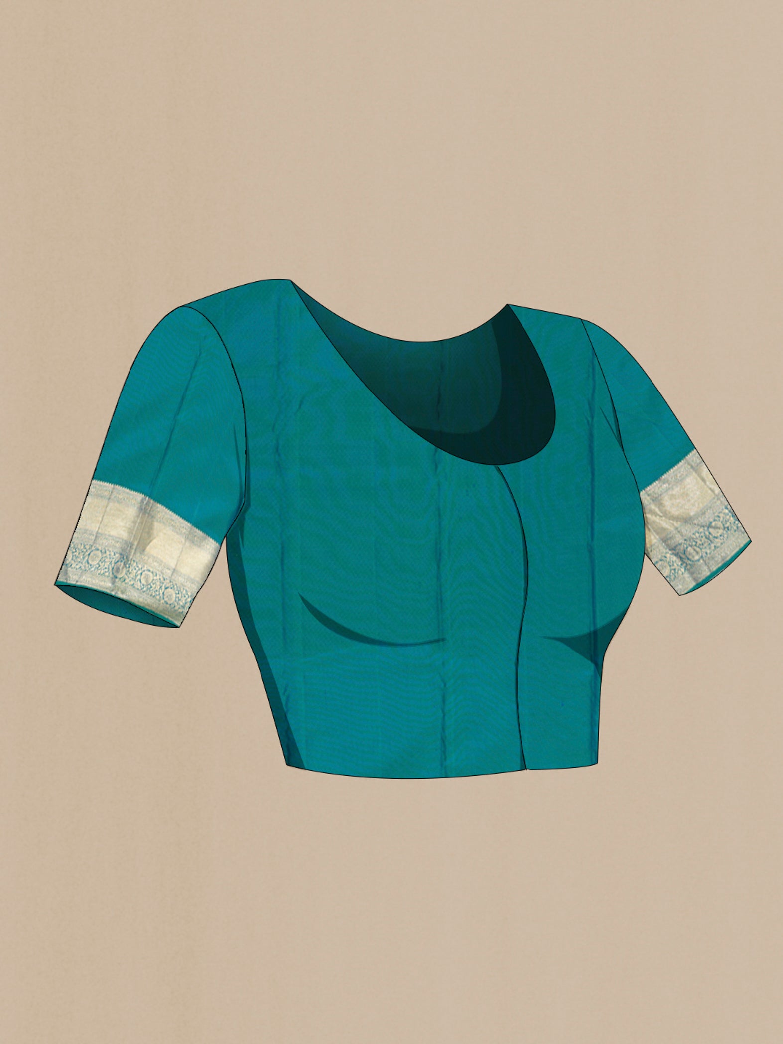 Close up image of the blouse of Peacock Blue Kanjivaram Silk Saree with Zari Brocade on the body and Zari Border. 