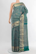 Peacock Blue Kanjivaram Silk Saree with Zari Brocade on the body and Zari Border.  displayed on a mannequin