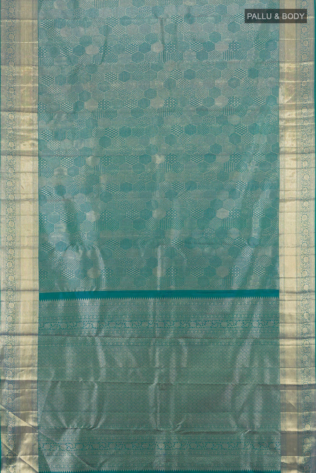 Flat view of Peacock Blue Kanjivaram Silk Saree with Zari Brocade on the body and Zari Border. 