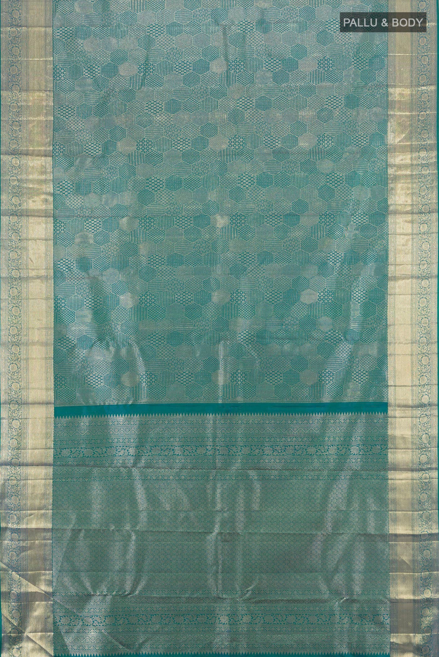 Flat view of Peacock Blue Kanjivaram Silk Saree with Zari Brocade on the body and Zari Border. 