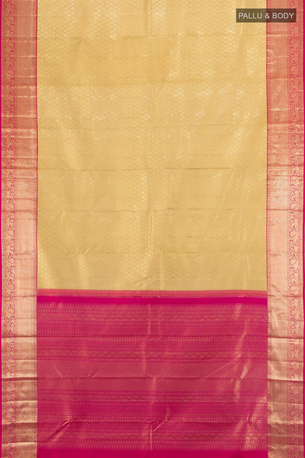 Flat view of Pure Silk Golden Kanchipuram Saree with Zari Brocade on the body and Zari Border. 