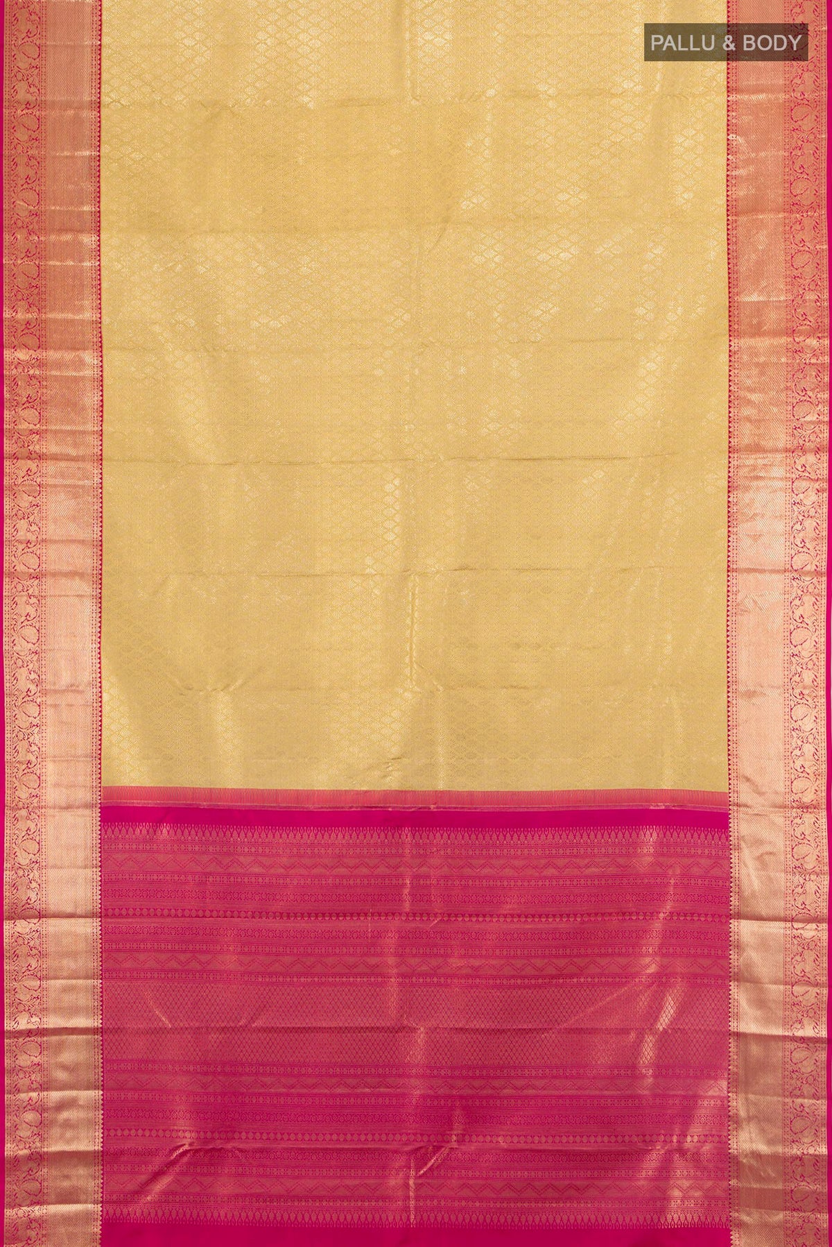 Flat view of Pure Silk Golden Kanchipuram Saree with Zari Brocade on the body and Zari Border. 