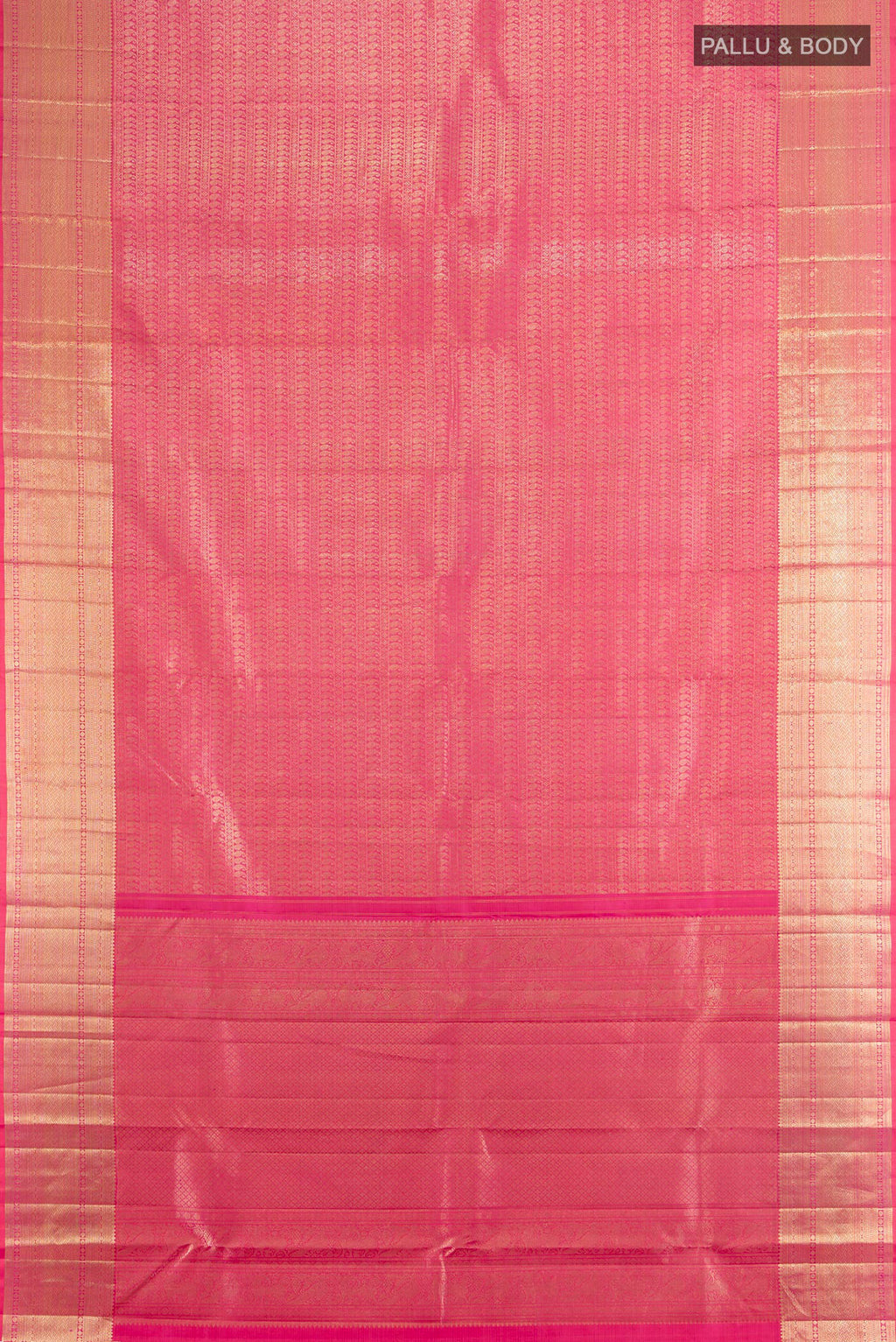 Flat view of Pure Silk Rose Gold Kanchipuram Saree with Zari Butta on the body and Silk Border. 