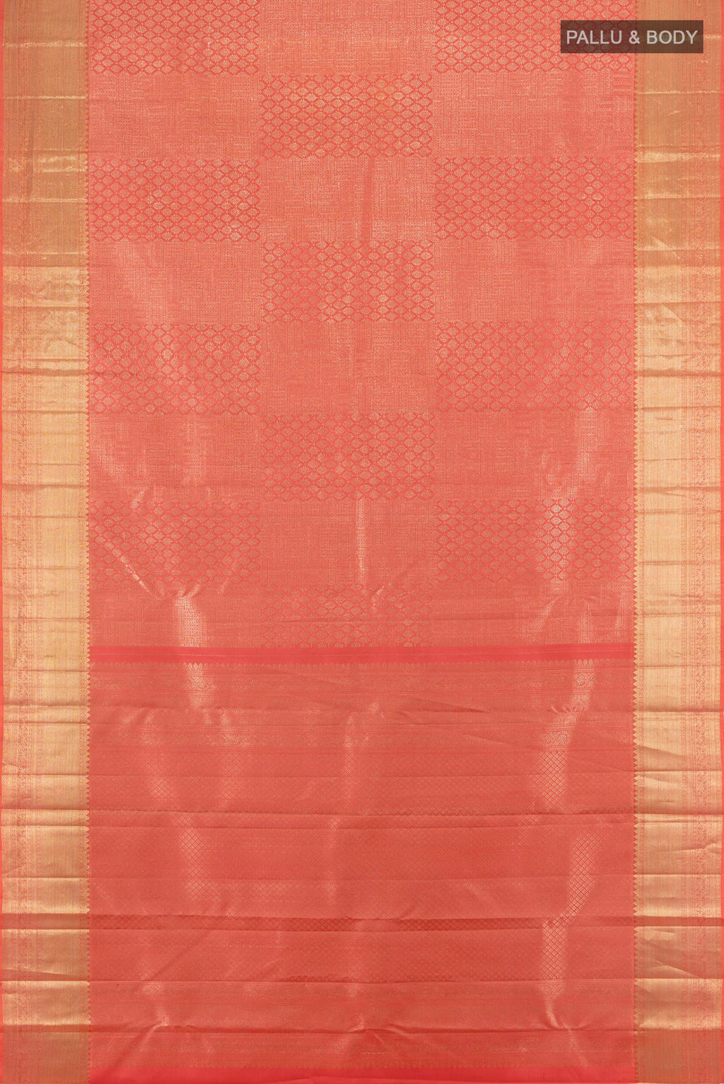 Flat view of Coral Kanchipuram Silk Saree with Zari Brocade on the body and Zari Border. 