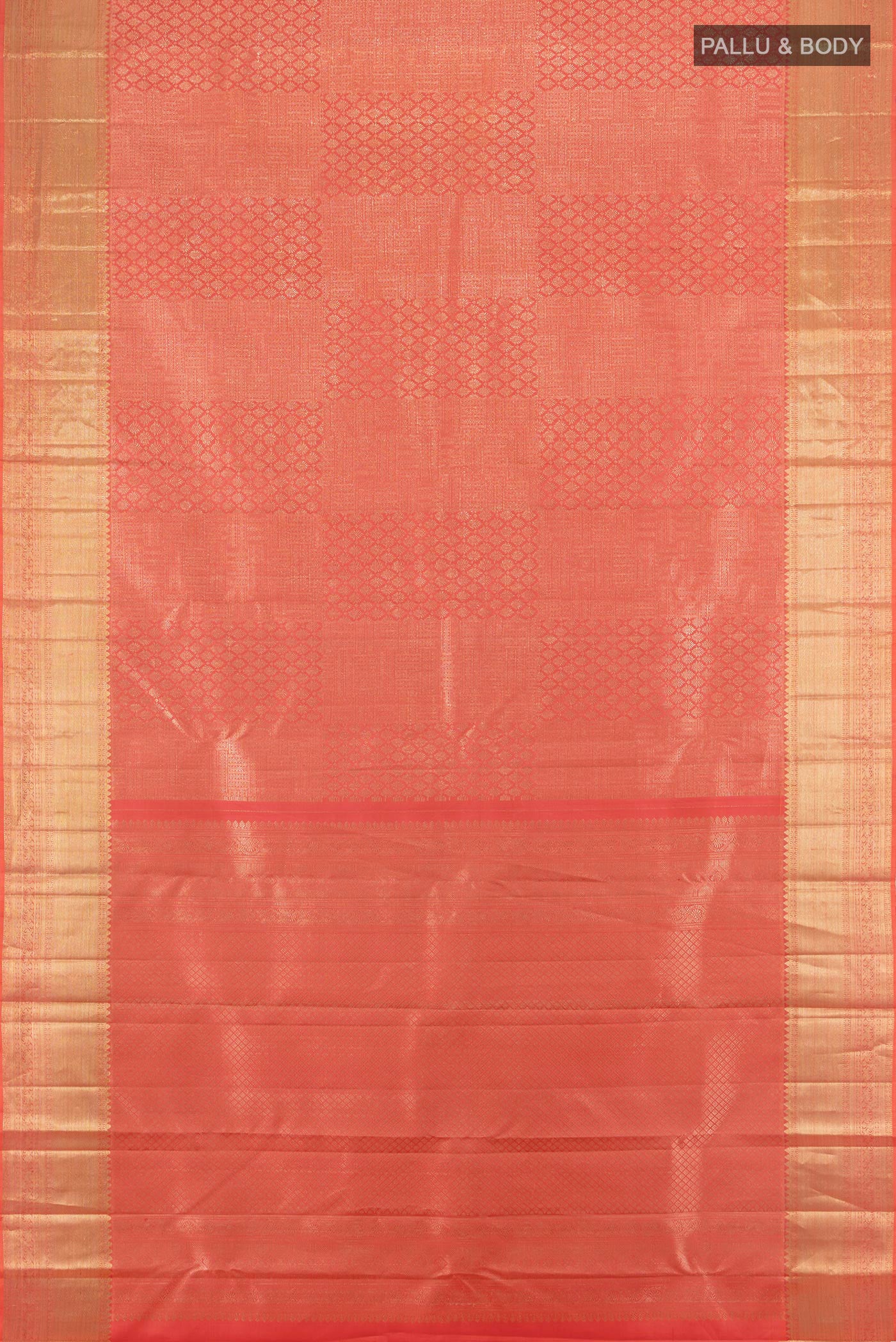 Flat view of Coral Kanchipuram Silk Saree with Zari Brocade on the body and Zari Border. 